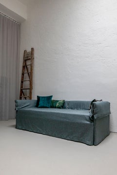 Contemporary Italian Sofa Bed by Spinzi, Green Fabric Upholstery, Bolts Details