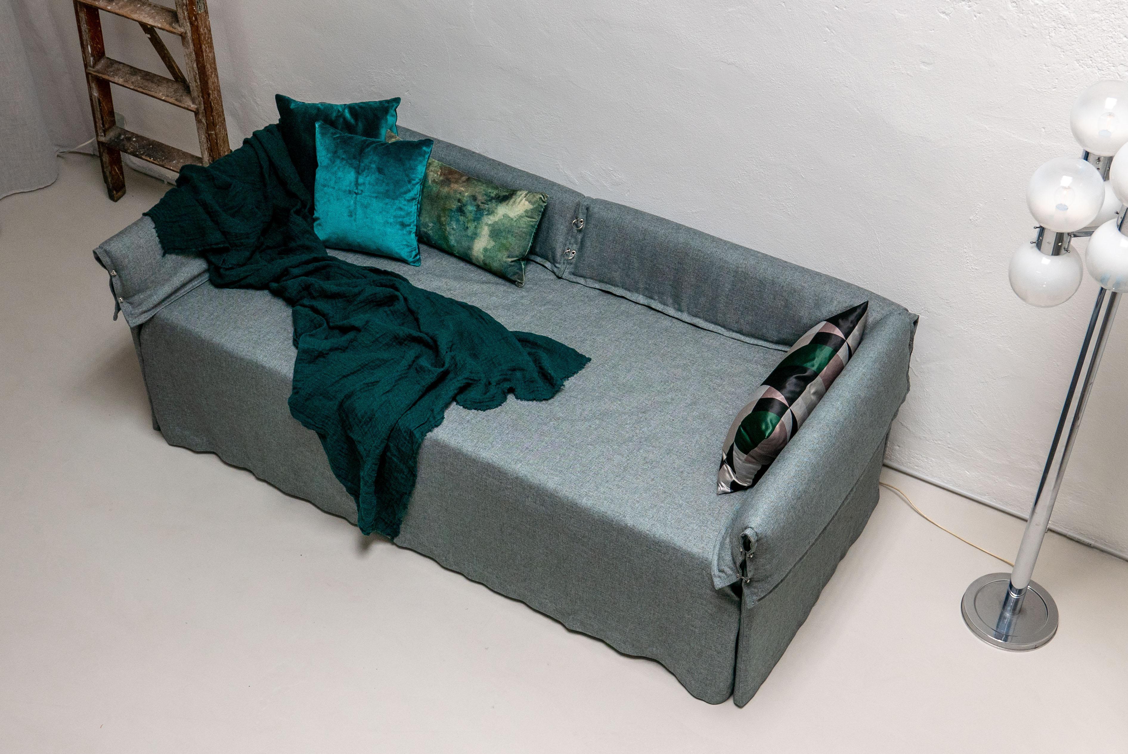 Modern Contemporary Italian Sofa Bed by Spinzi, Green Fabric Upholstery, Bolts Details For Sale