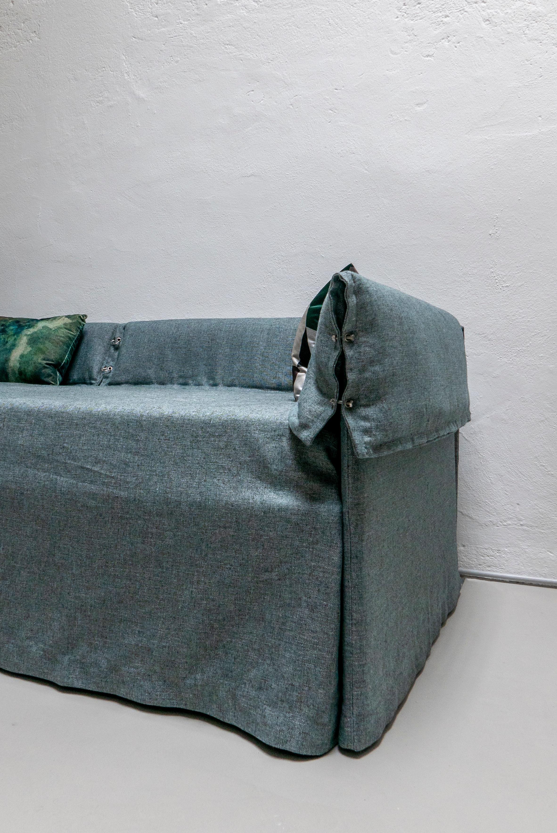 Contemporary Italian Sofa Bed by Spinzi, Green Fabric Upholstery, Bolts Details For Sale 3
