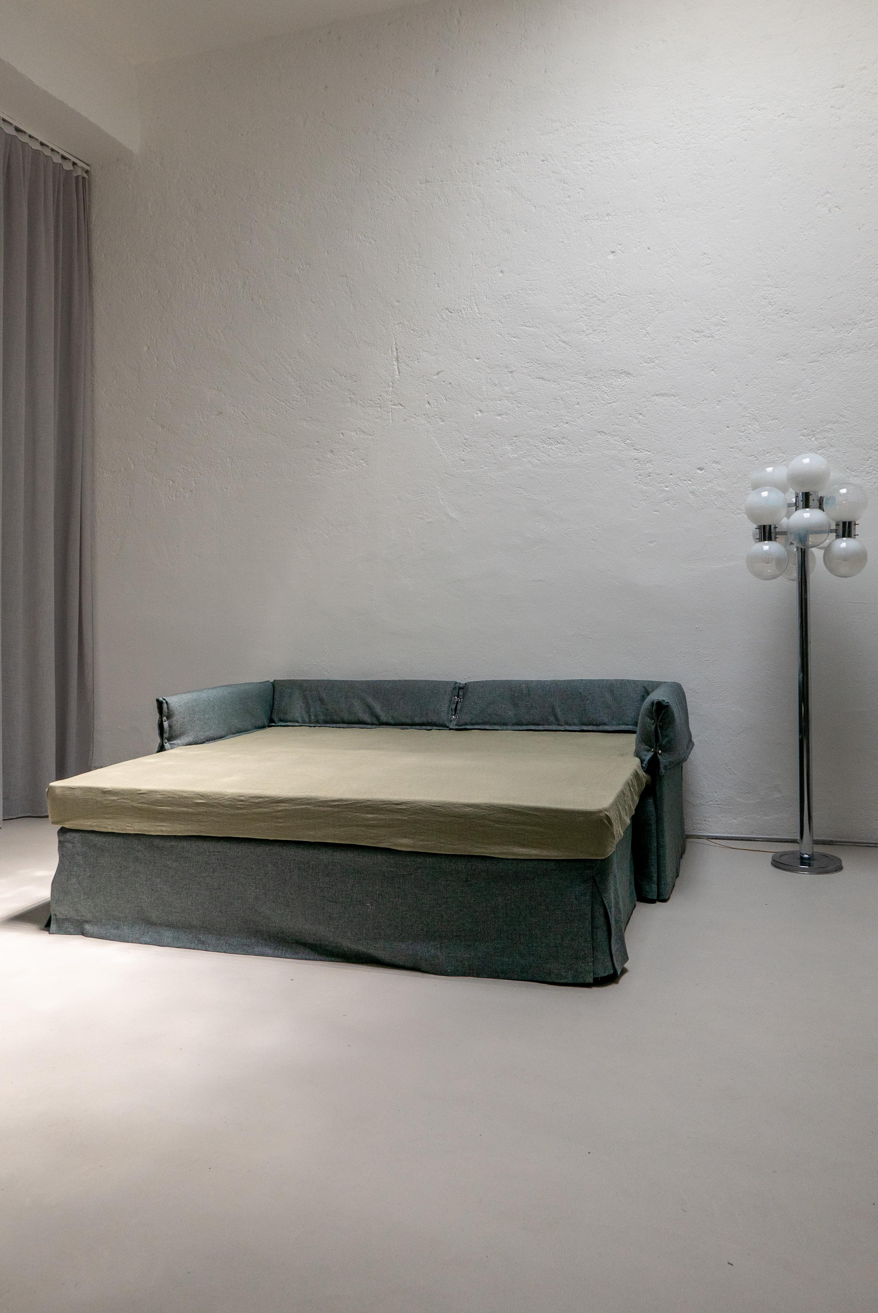 Contemporary Italian Sofa Bed by Spinzi, Green Fabric Upholstery, Bolts Details For Sale 5