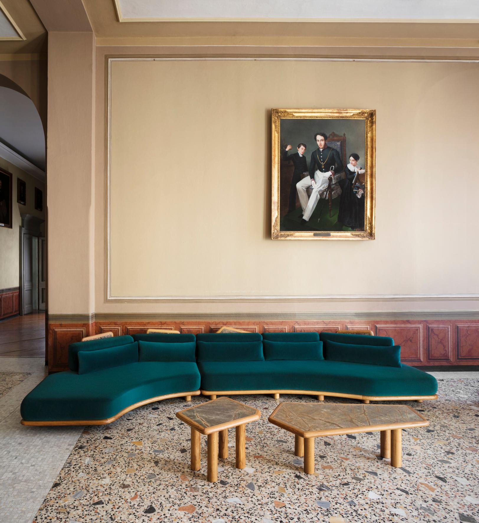 Thomas Grey Sofa is upholstered in a Kvadrat green velvet, base in solid oak, back panels in oak frame and Green Forest marble, cushions are in polyurethane foam, additional lumbar pillows in down feathers, internal frame in poplar wood.