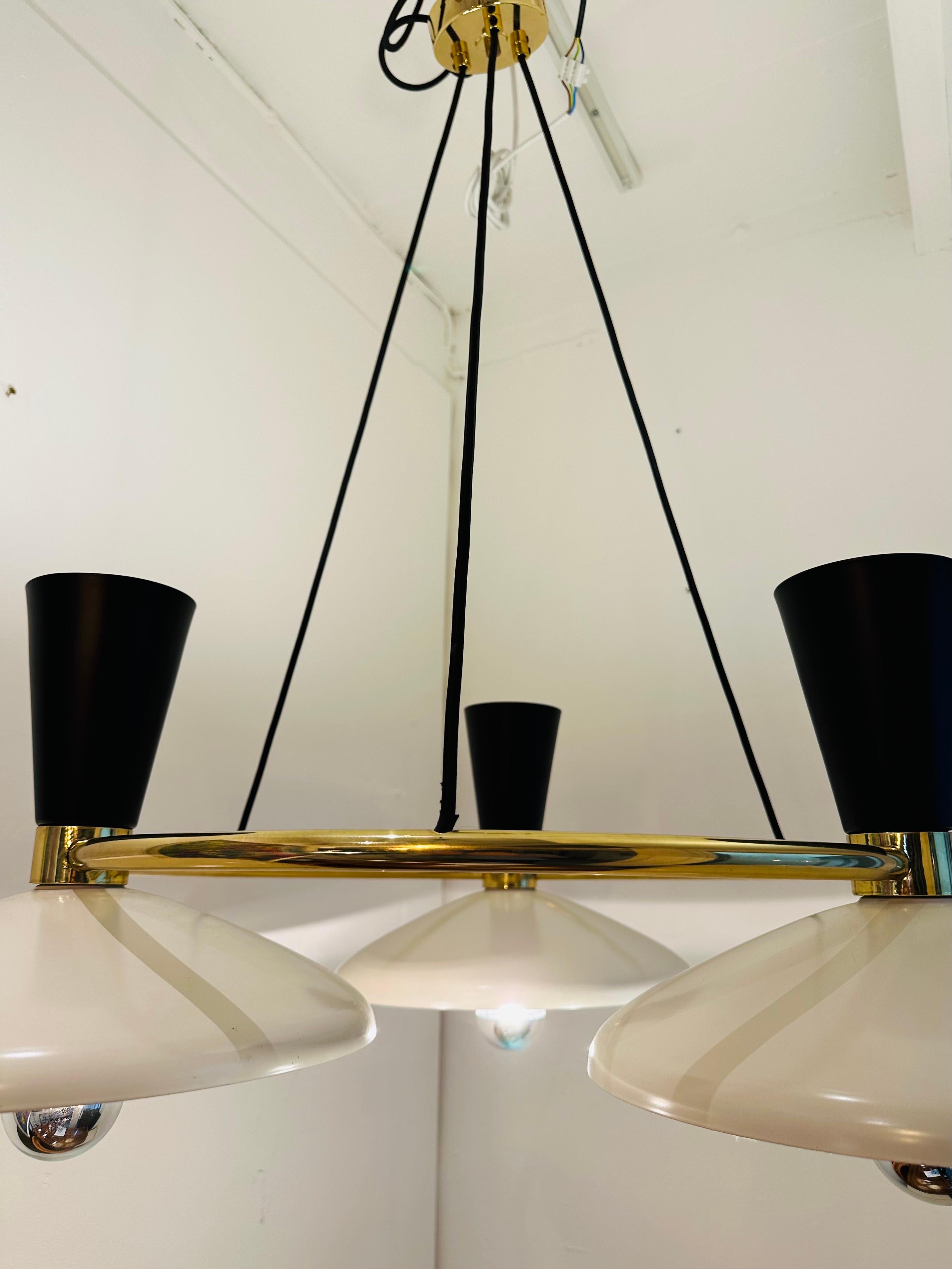 Contemporary Italian Stilnovo Style 3 Conical Metal Shade & Brass Chandelier For Sale 4