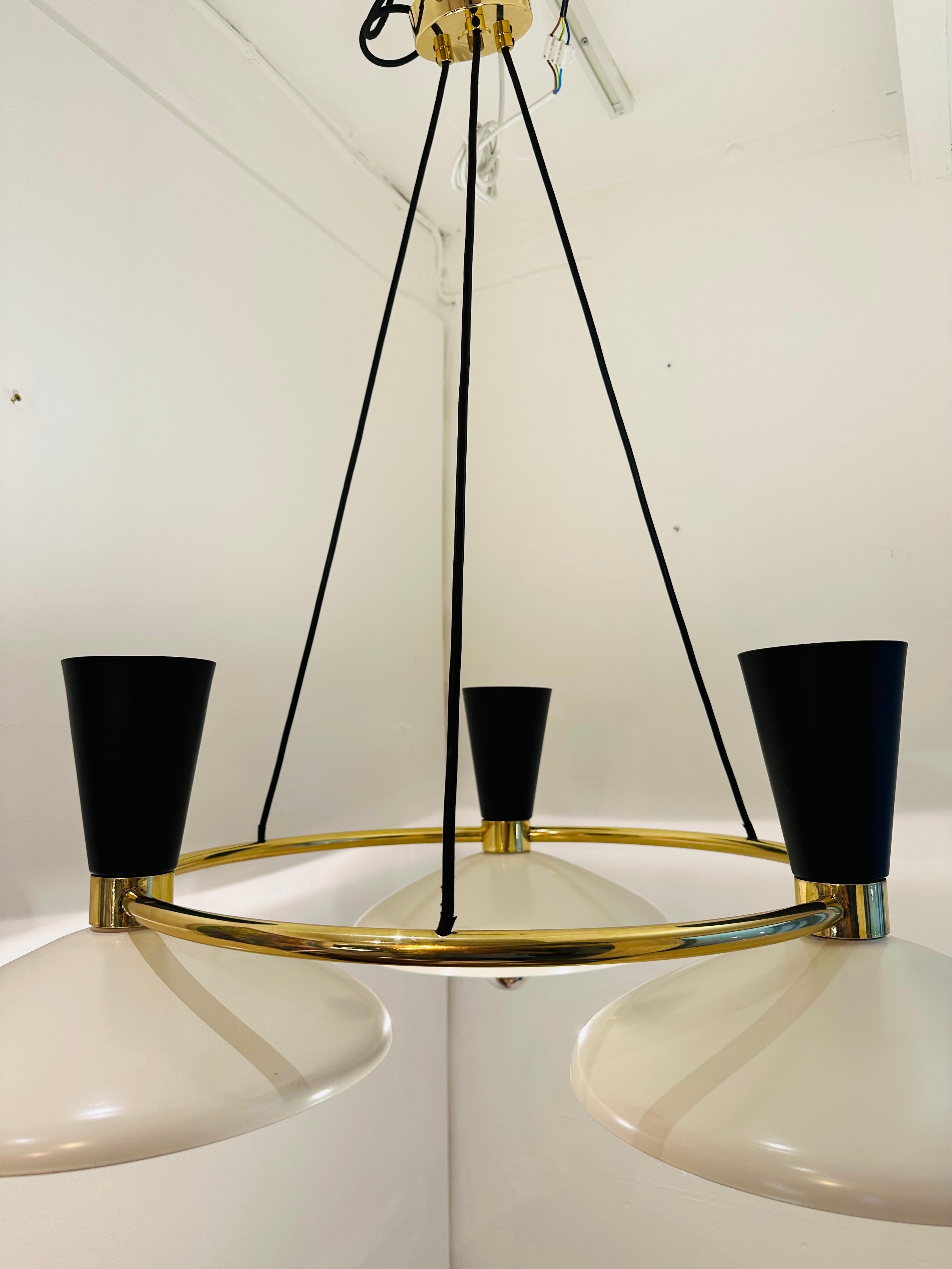 Contemporary Italian Stilnovo Style 3 Conical Metal Shade & Brass Chandelier For Sale 5