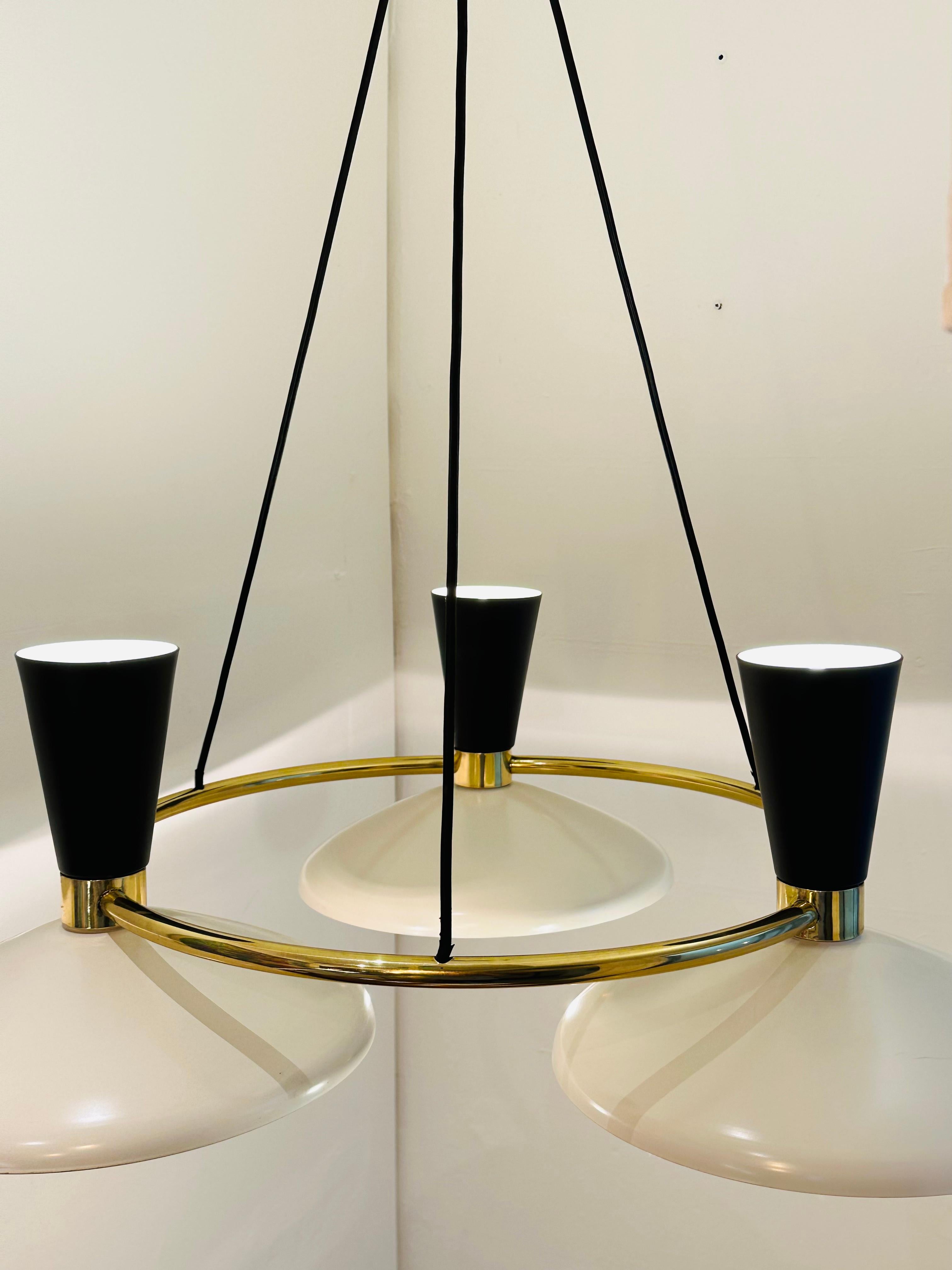 Contemporary Italian Stilnovo Style 3 Conical Metal Shade & Brass Chandelier For Sale 7