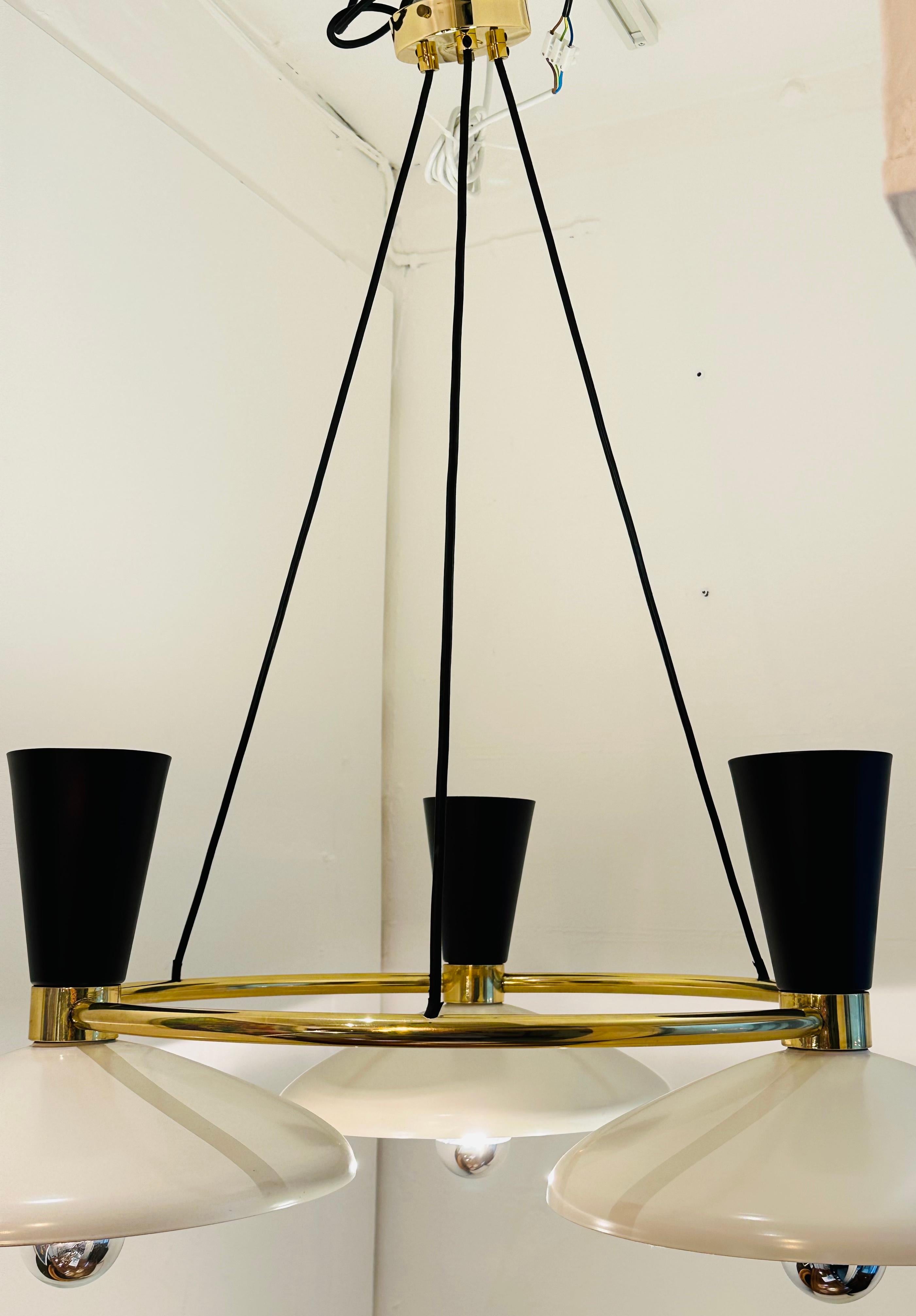 Contemporary Italian Stilnovo Style 3 Conical Metal Shade & Brass Chandelier For Sale 8