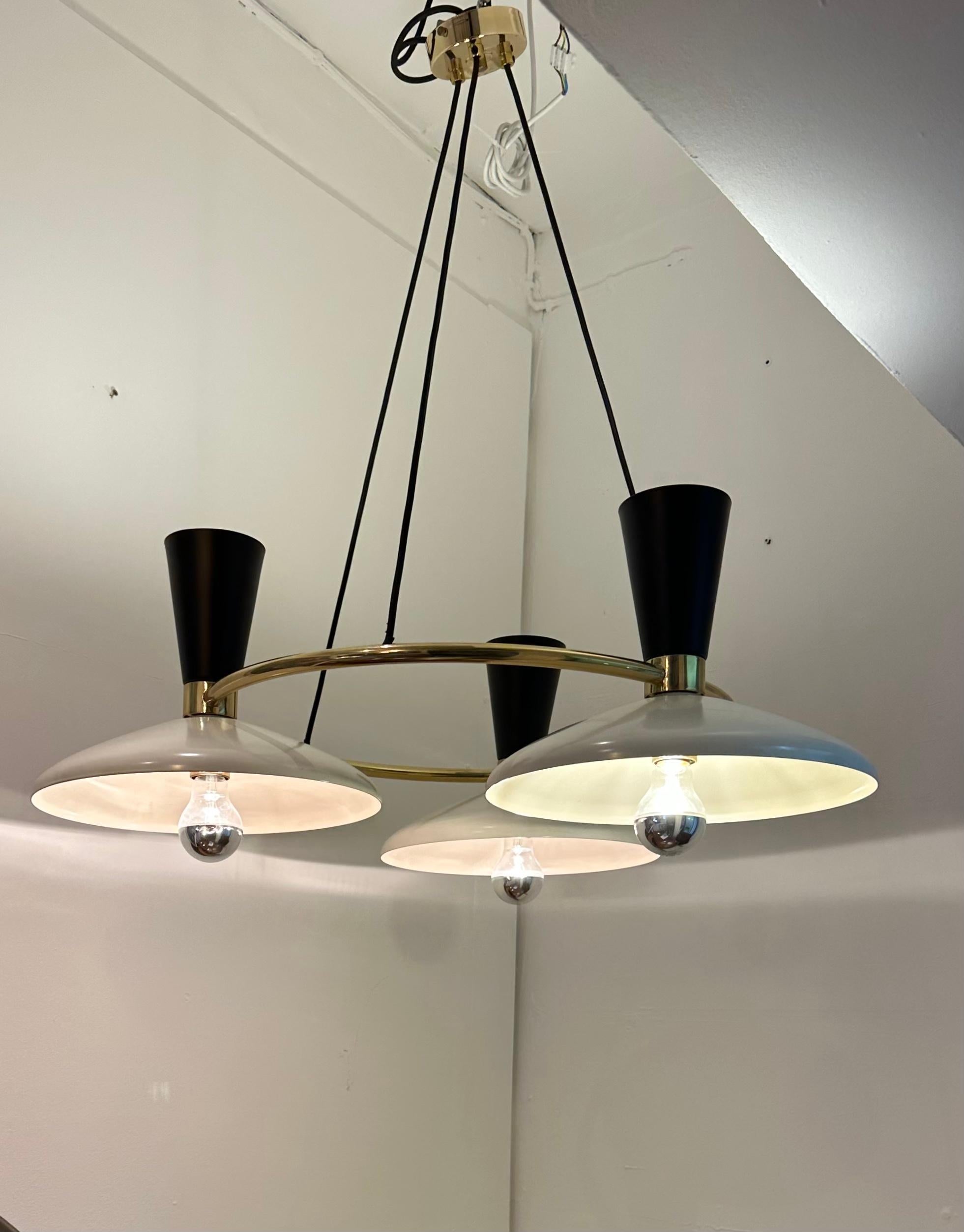 British Contemporary Italian Stilnovo Style 3 Conical Metal Shade & Brass Chandelier For Sale