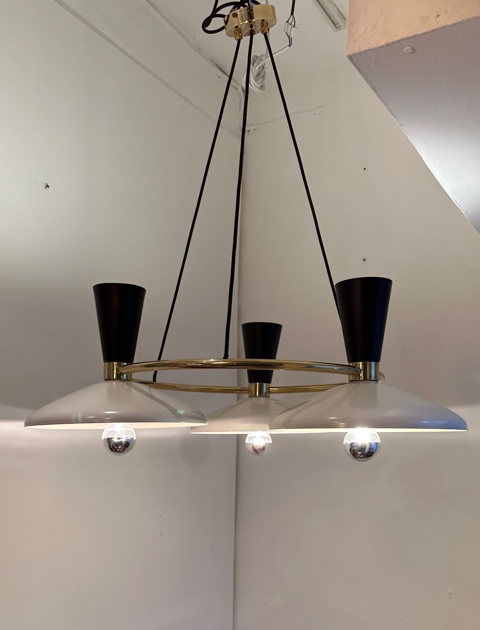 Powder-Coated Contemporary Italian Stilnovo Style 3 Conical Metal Shade & Brass Chandelier