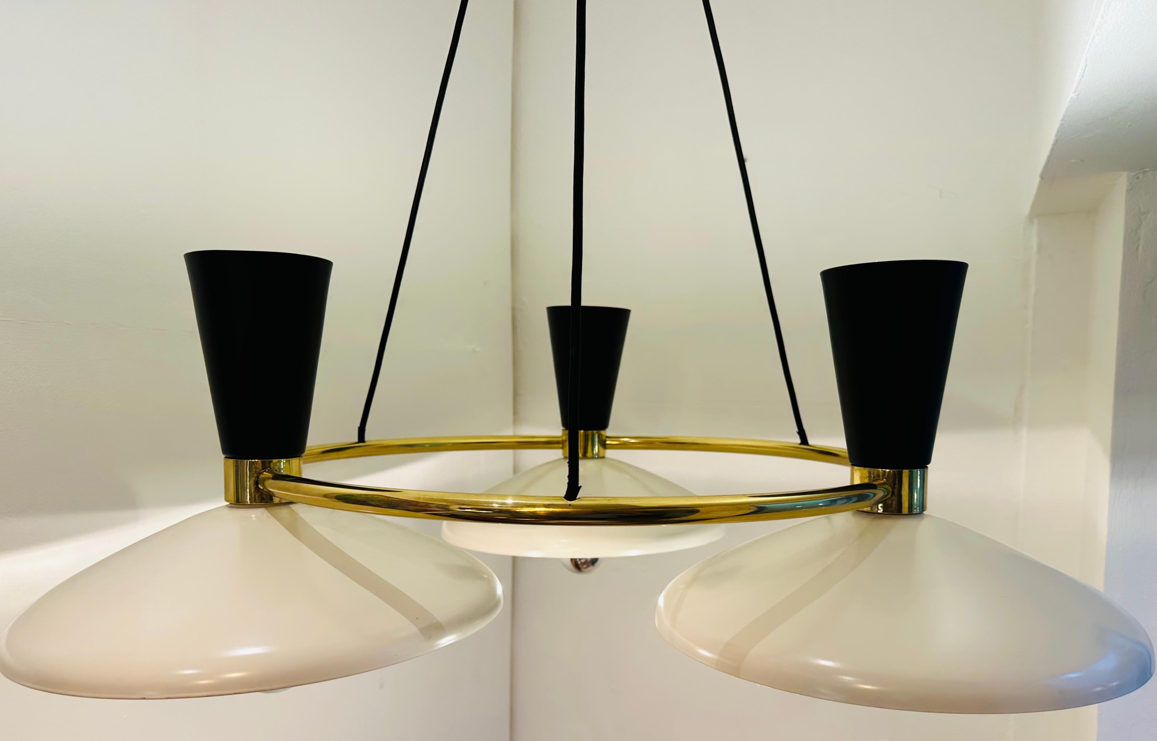 20th Century Contemporary Italian Stilnovo Style 3 Conical Metal Shade & Brass Chandelier For Sale