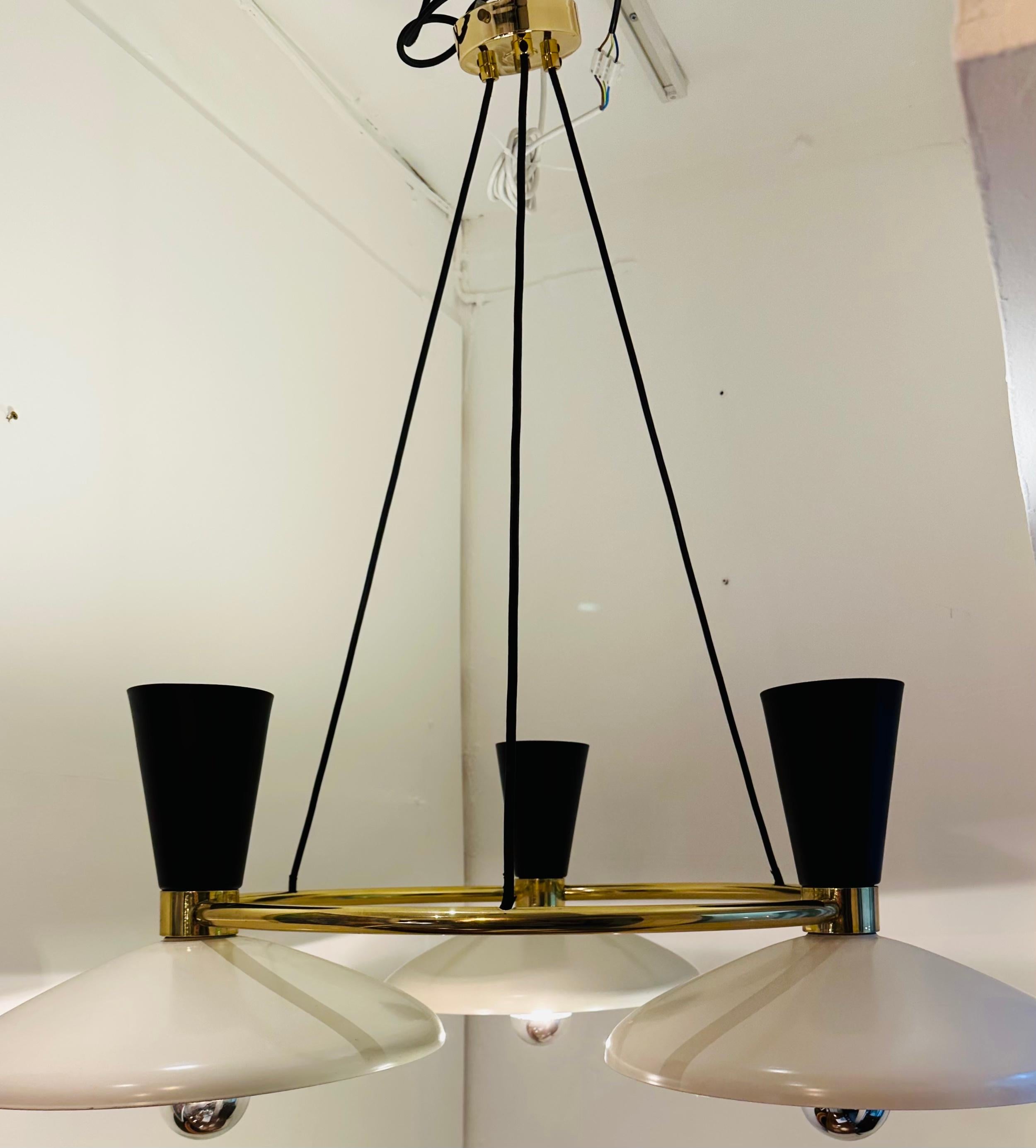 Contemporary Italian Stilnovo Style 3 Conical Metal Shade & Brass Chandelier For Sale 1