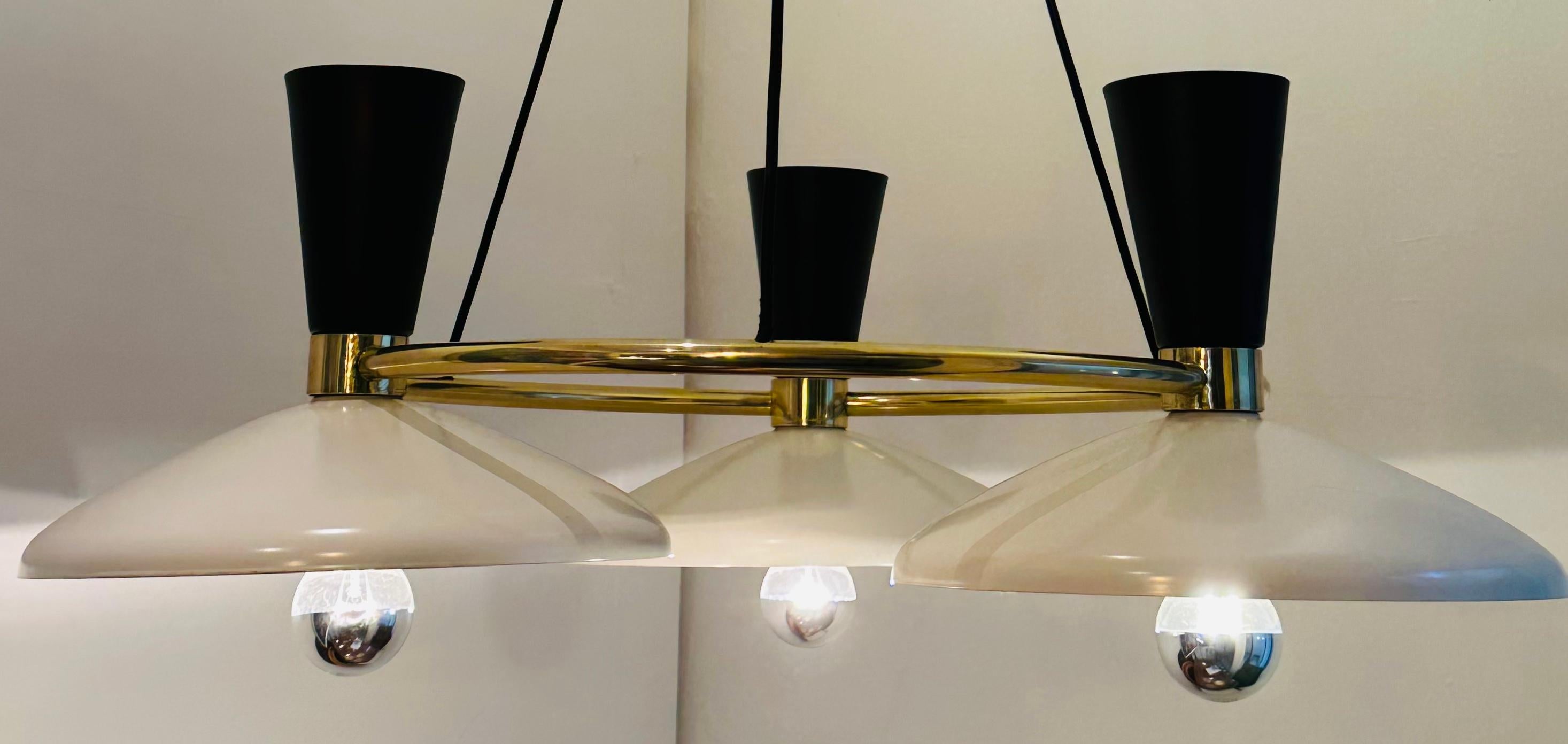 Contemporary Italian Stilnovo Style 3 Conical Metal Shade & Brass Chandelier For Sale 2