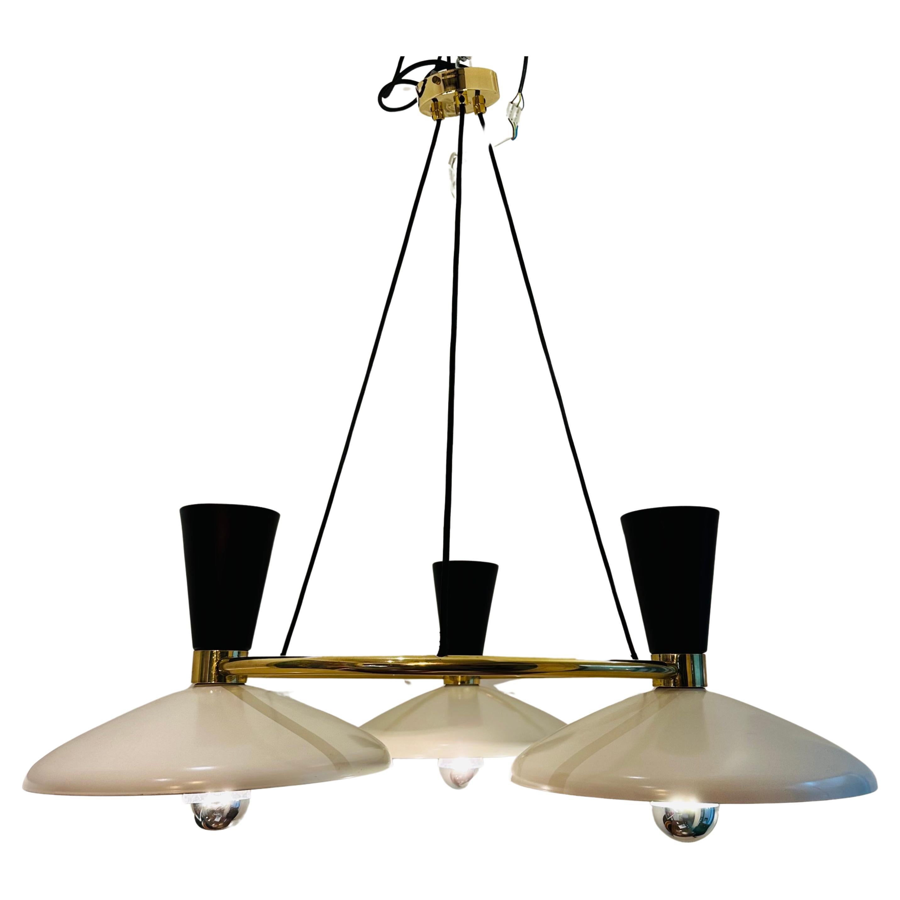 Contemporary Italian Stilnovo Style 3 Conical Metal Shade & Brass Chandelier For Sale