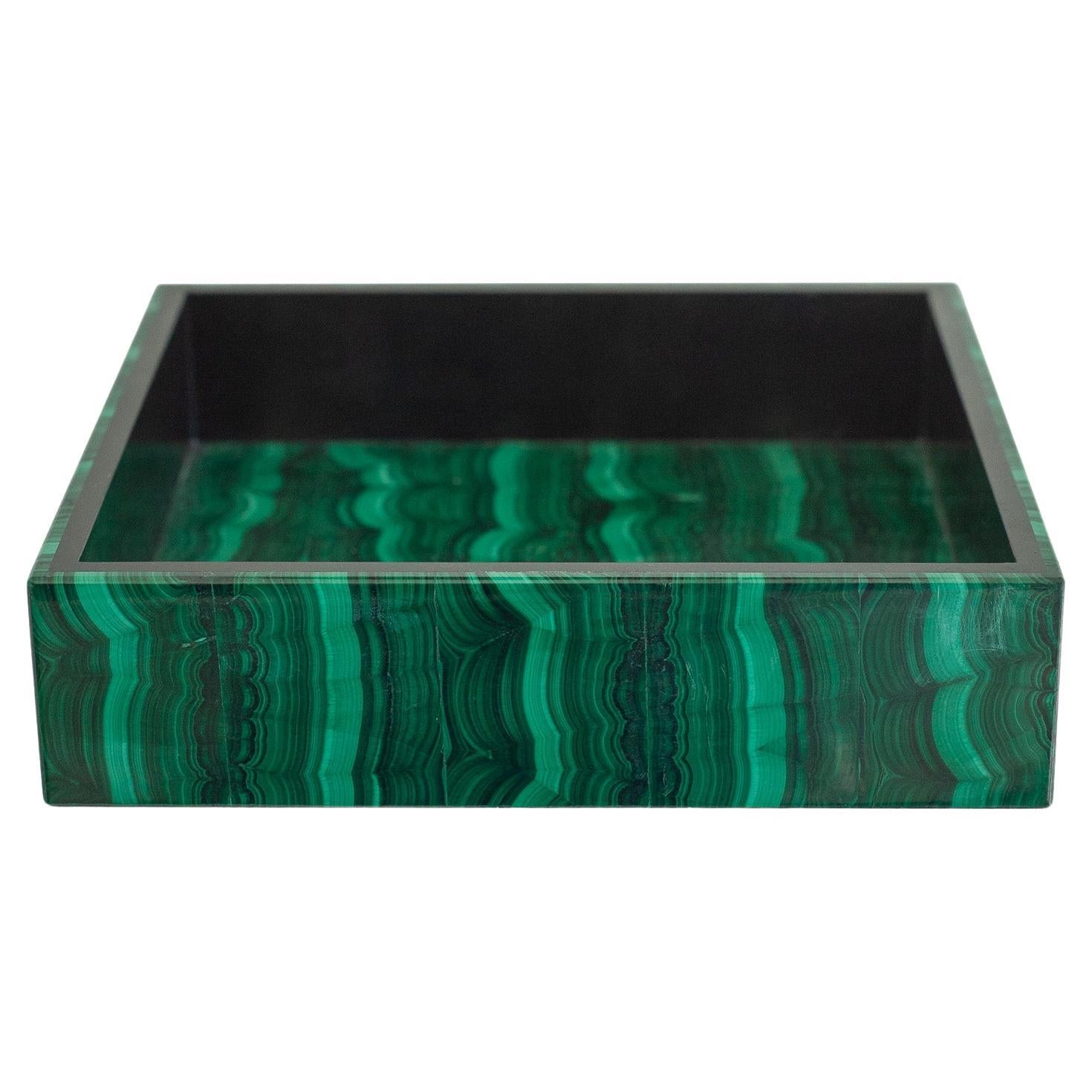 Contemporary Italian Striped Green Malachite Square Tablett im Angebot