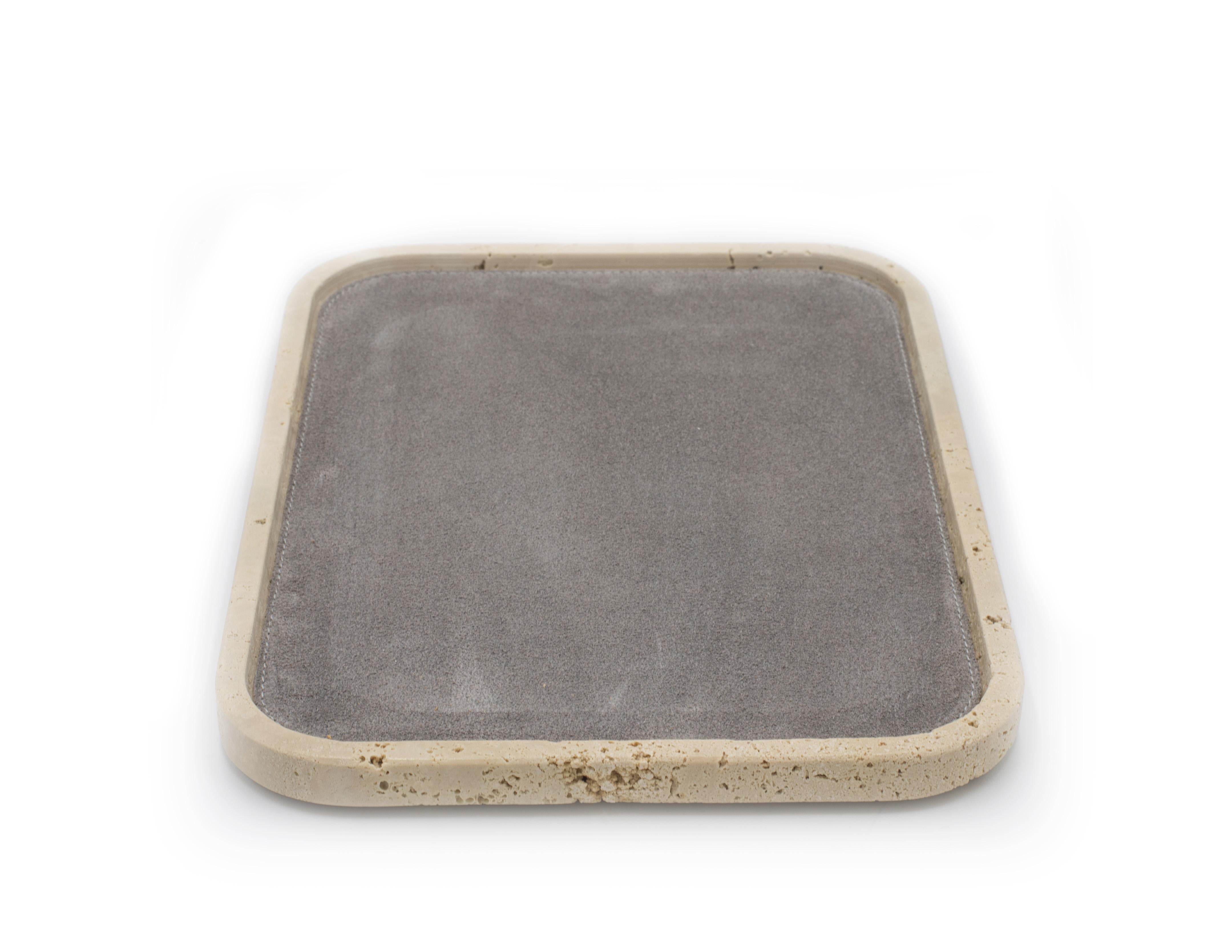 Contemporary Italian Travertine and Gray Suede Valet Tray In Good Condition In New York, NY