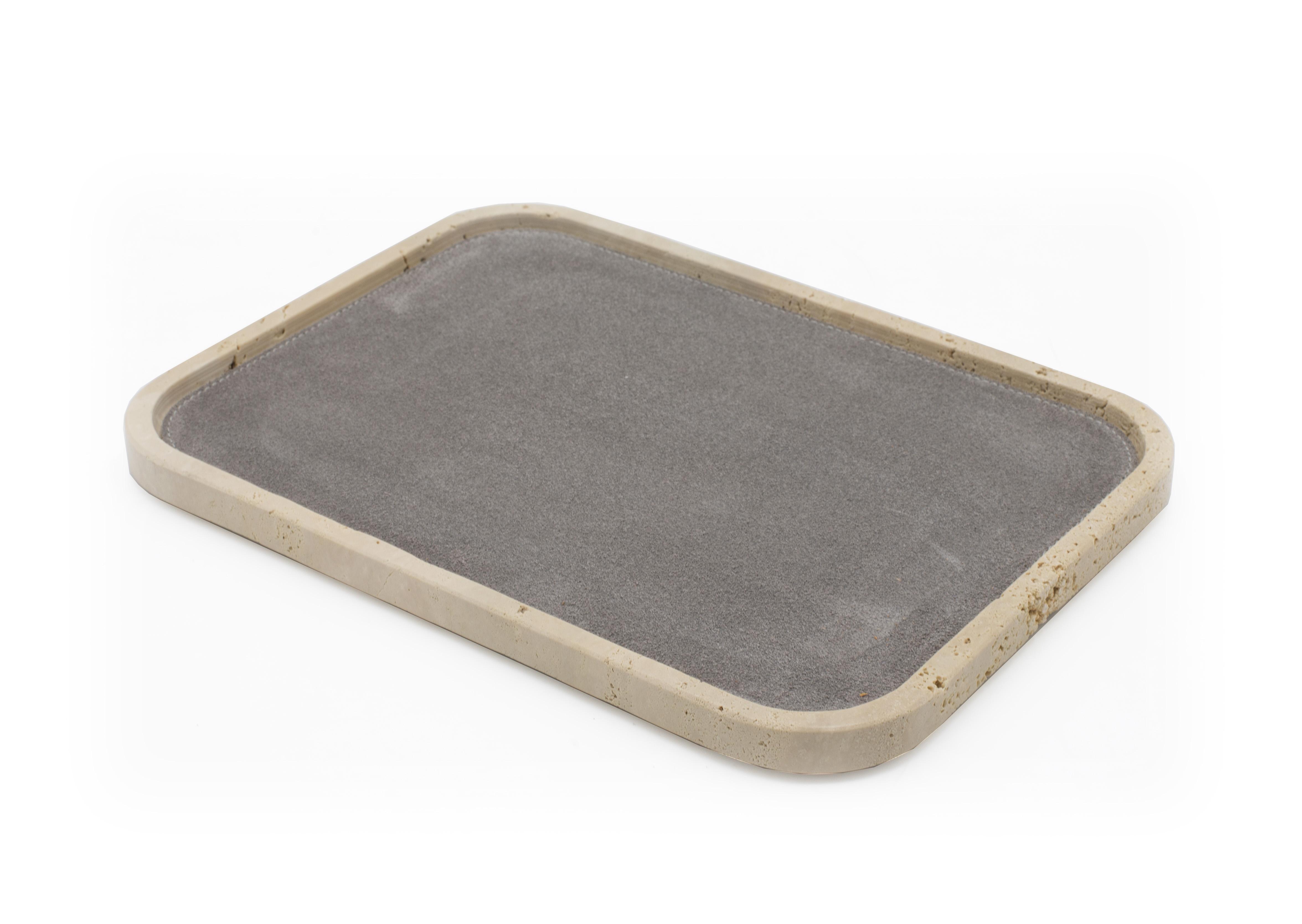 Leather Contemporary Italian Travertine and Gray Suede Valet Tray