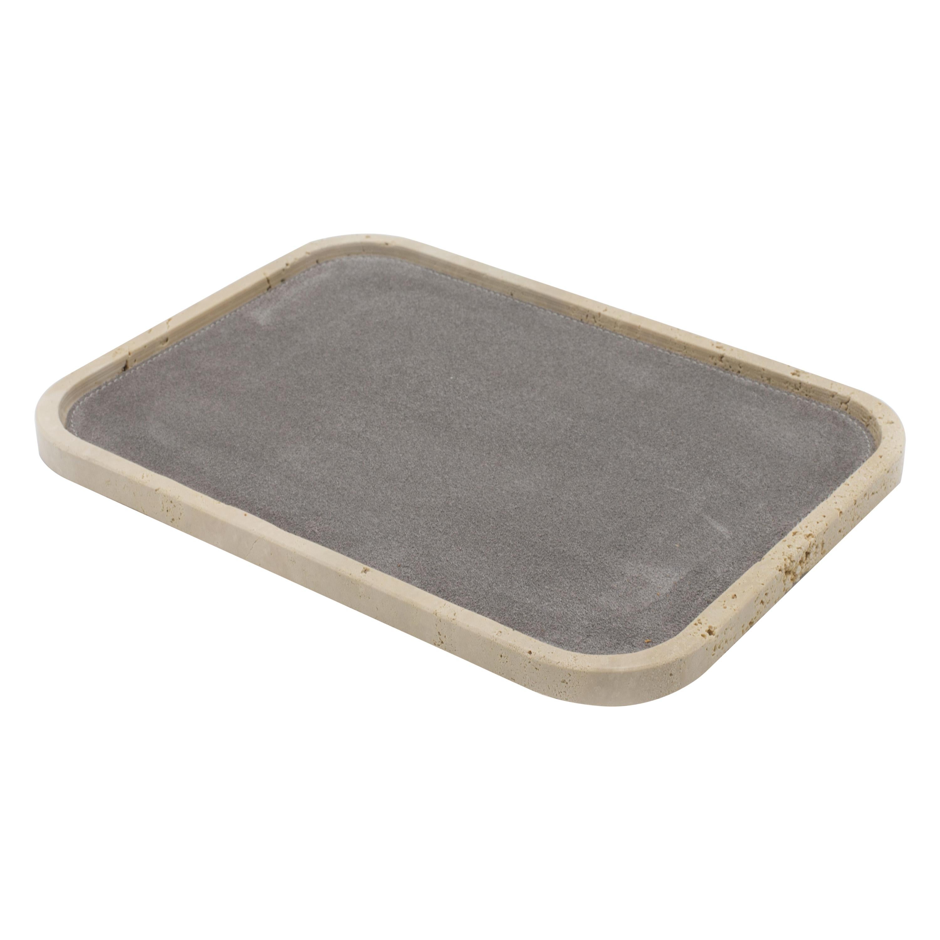 Contemporary Italian Travertine and Gray Suede Valet Tray