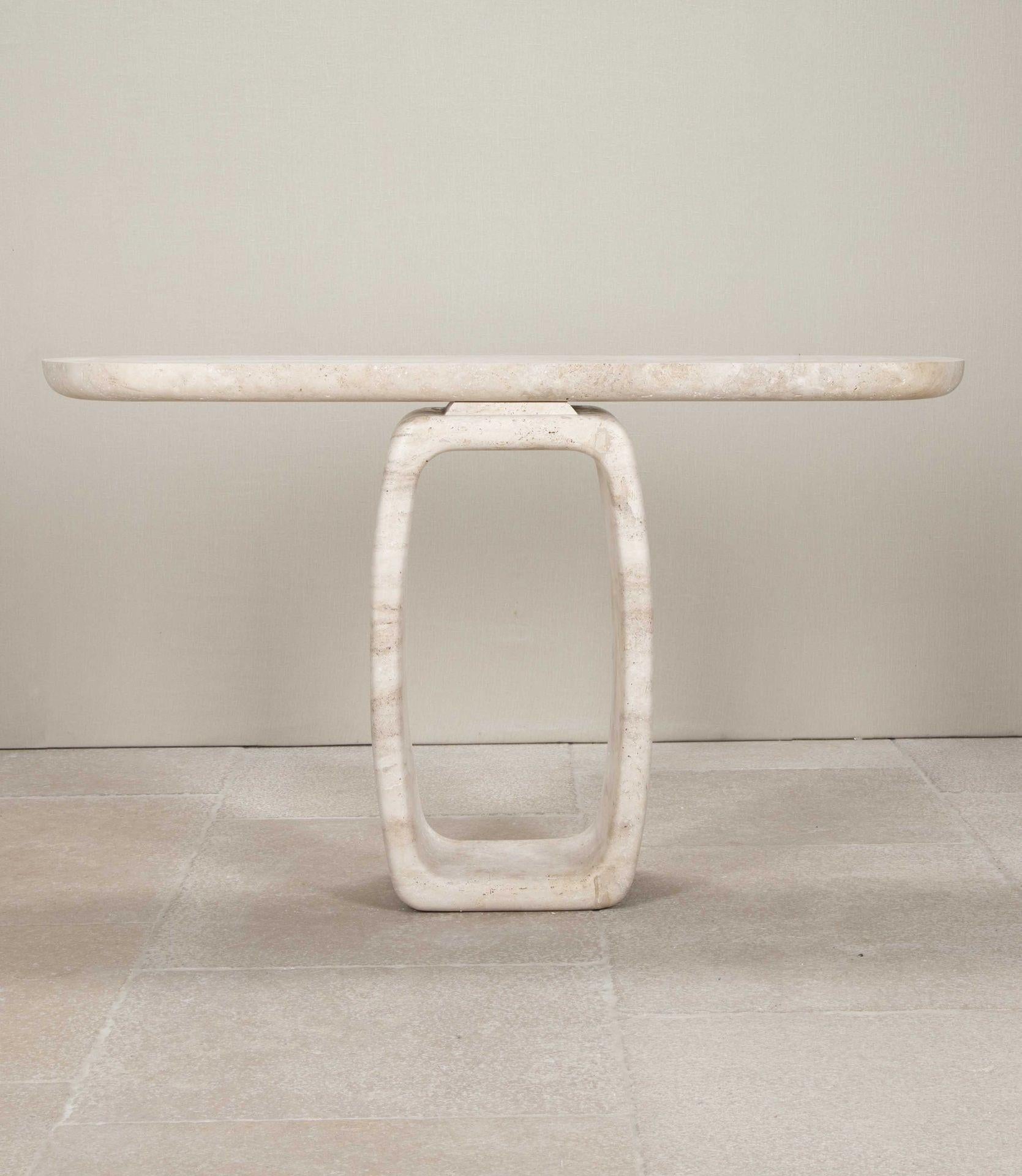 Elegant Contemporary Italian travertine console table. 
With 0 shape leg.