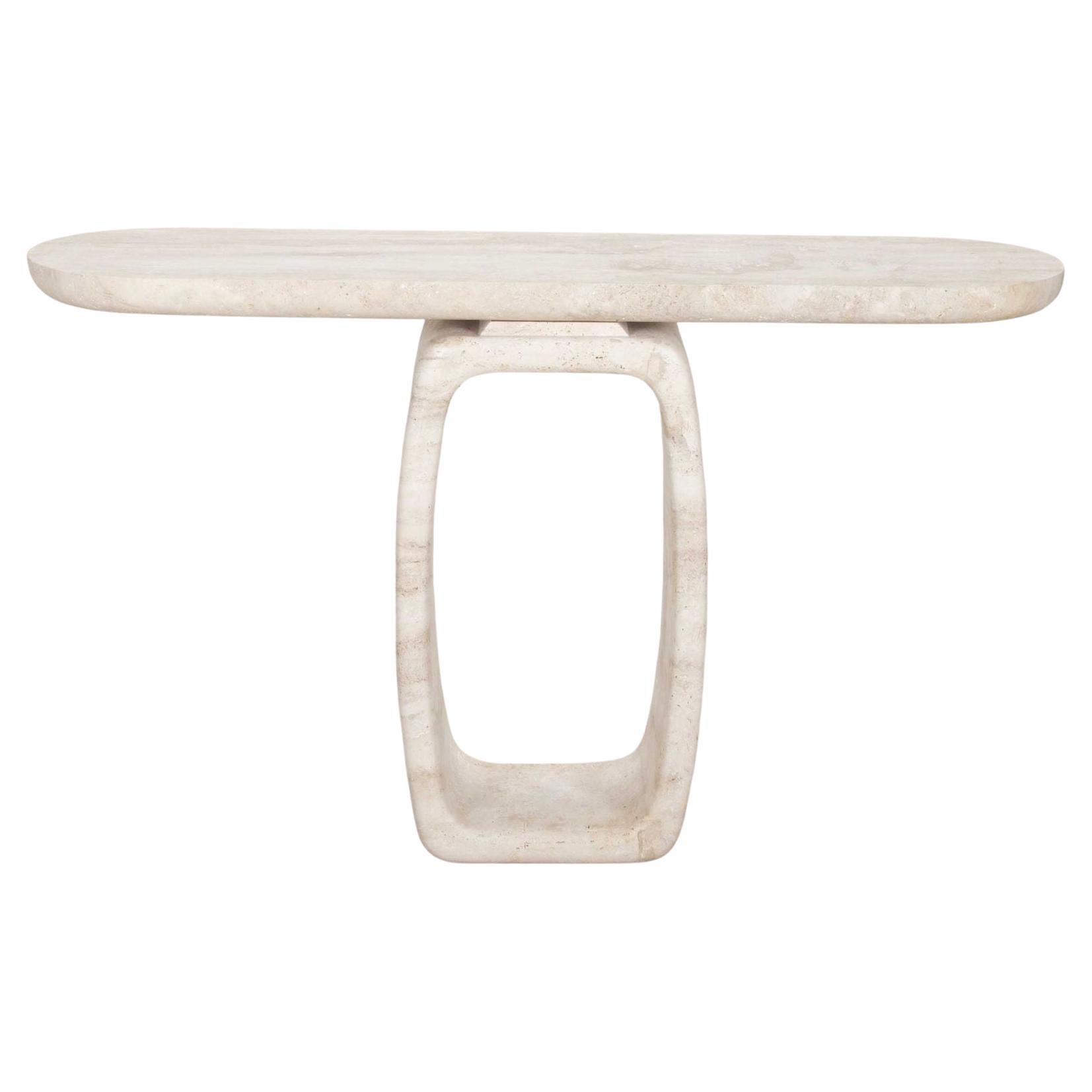 Contemporary Italian Travertine Console Table with 0 Shape Leg For Sale