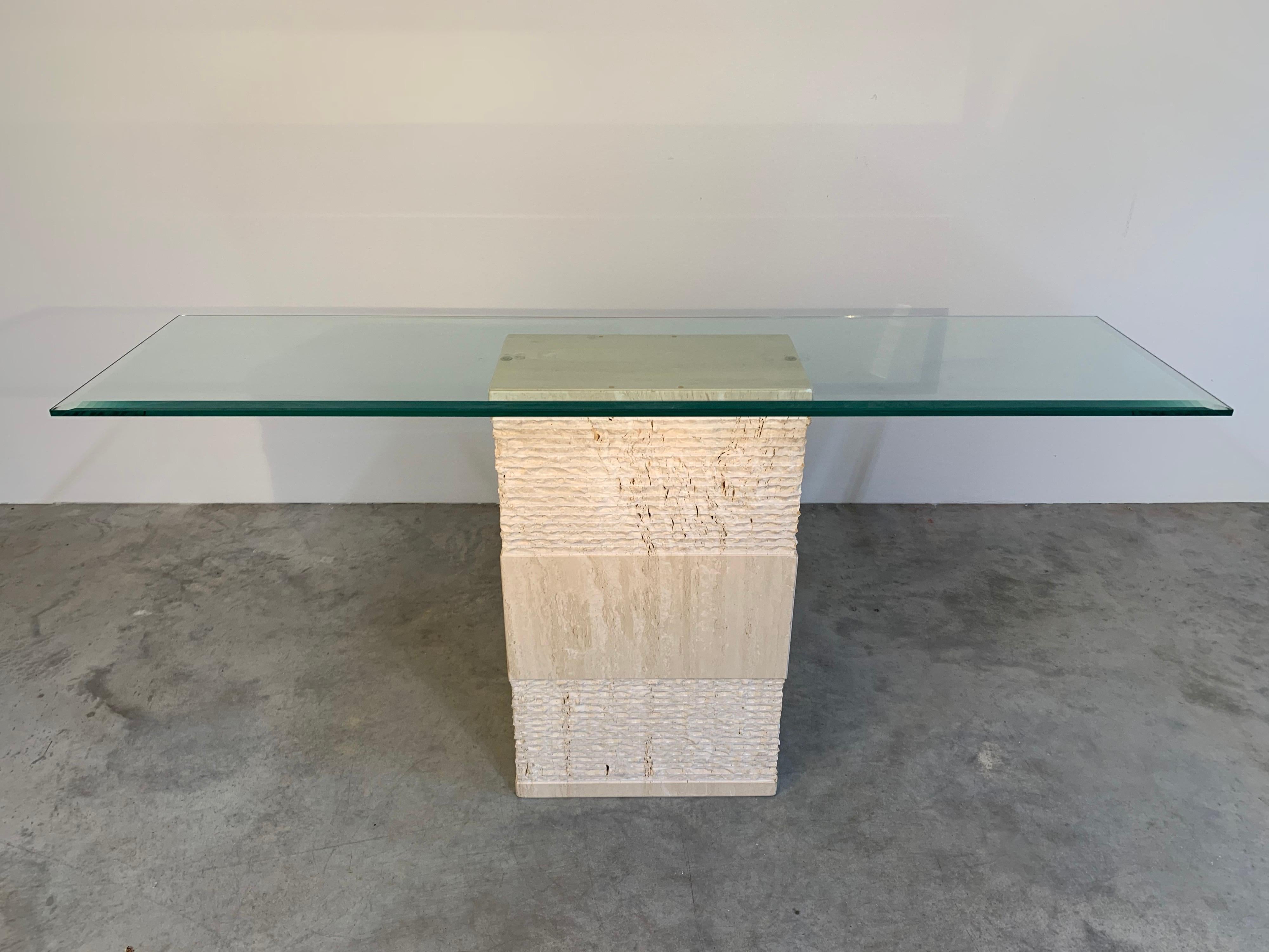 Tempered Contemporary Italian Travertine Marble Console Table after Artedi