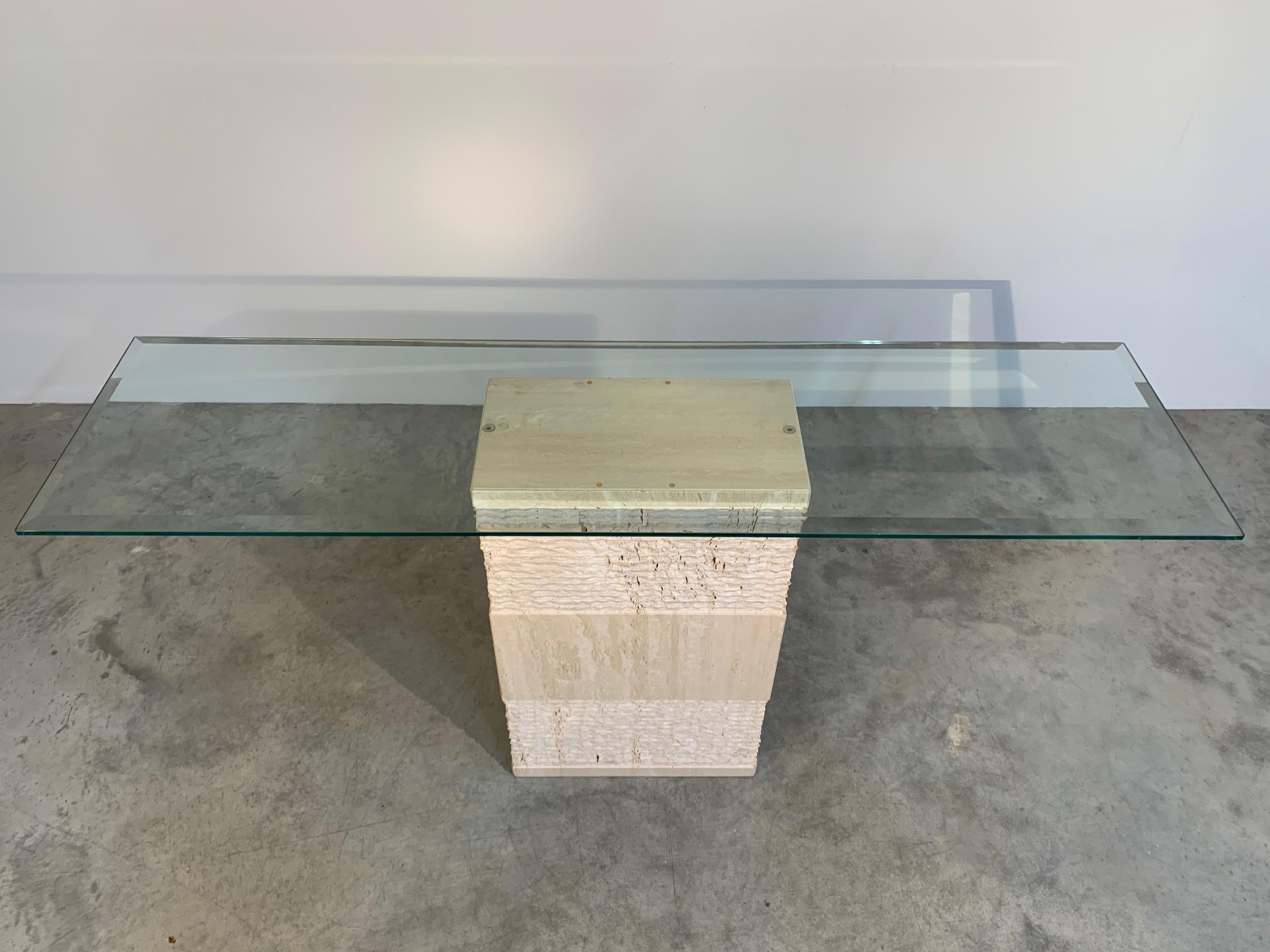 Glass Contemporary Italian Travertine Marble Console Table after Artedi