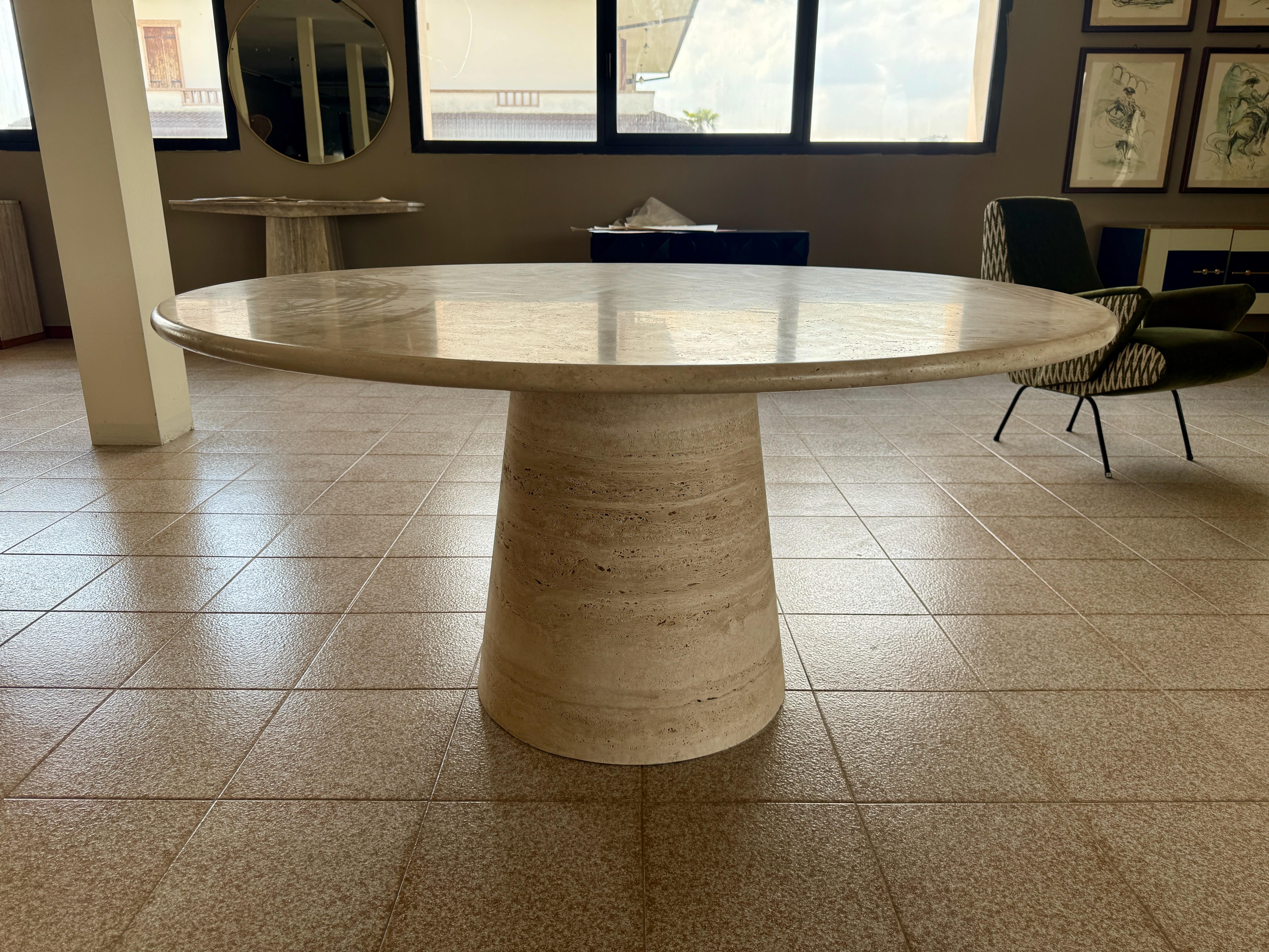 Mid-Century Modern Contemporary Italian Travertine Table with Wide Conical Base 150cm For Sale