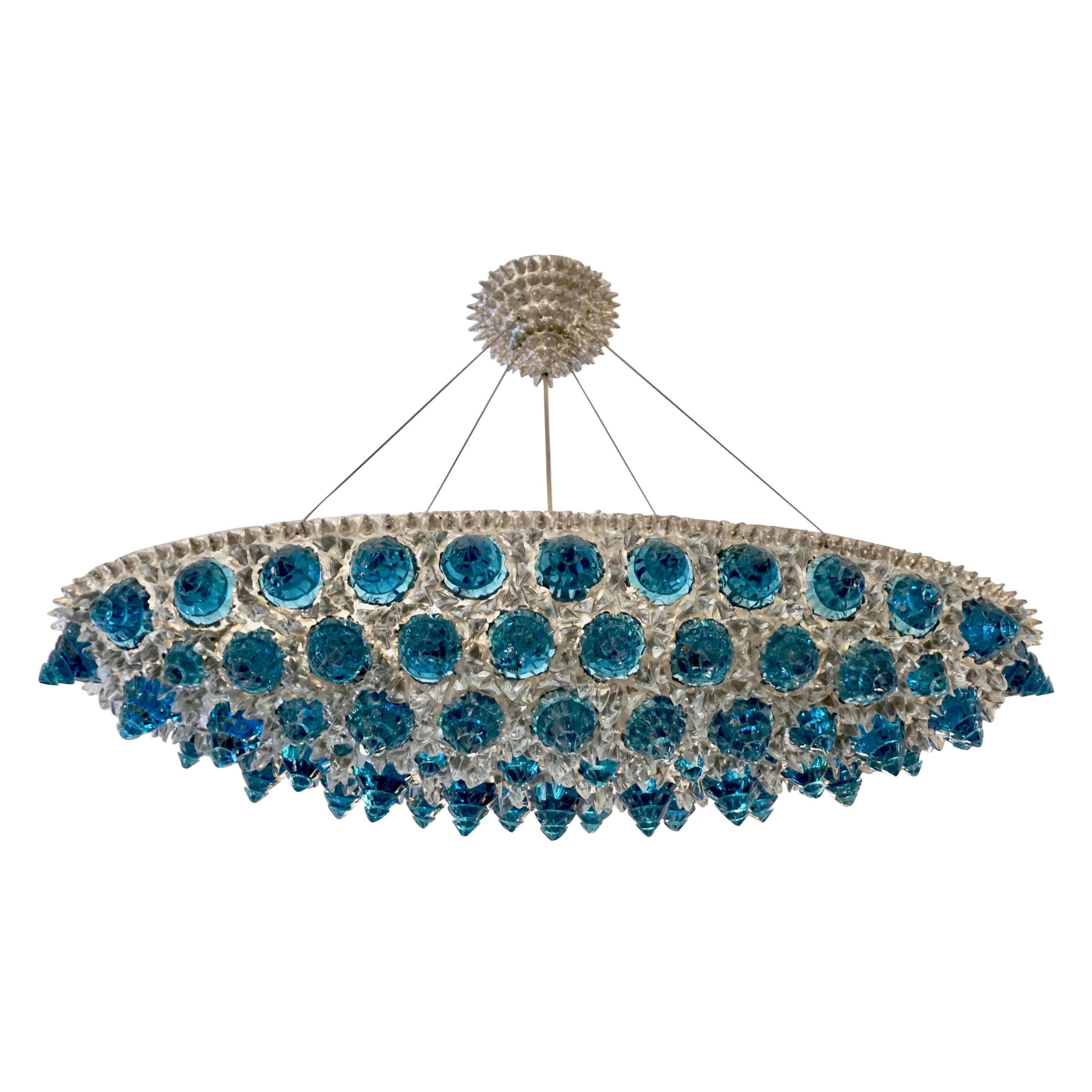 Contemporary Italian Turquoise Blue & Clear Glass Oval Silver Flush/Chandelier im Angebot