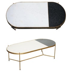 CONTEMPORARY ITALIAN TWO TONE MARBLE & LiMESTONE COFFEE TABLE ON METAL GOLD LEGS
