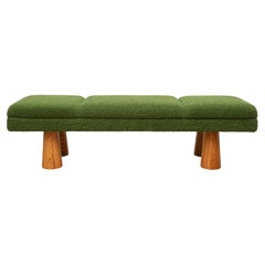 Contemporary Italian Upholstered Bench, Hunter Green Bouclé, Ash Legs