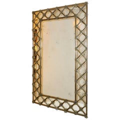 Espejo enrejado geométrico contemporáneo italiano veneciano de cristal de Murano ámbar dorado