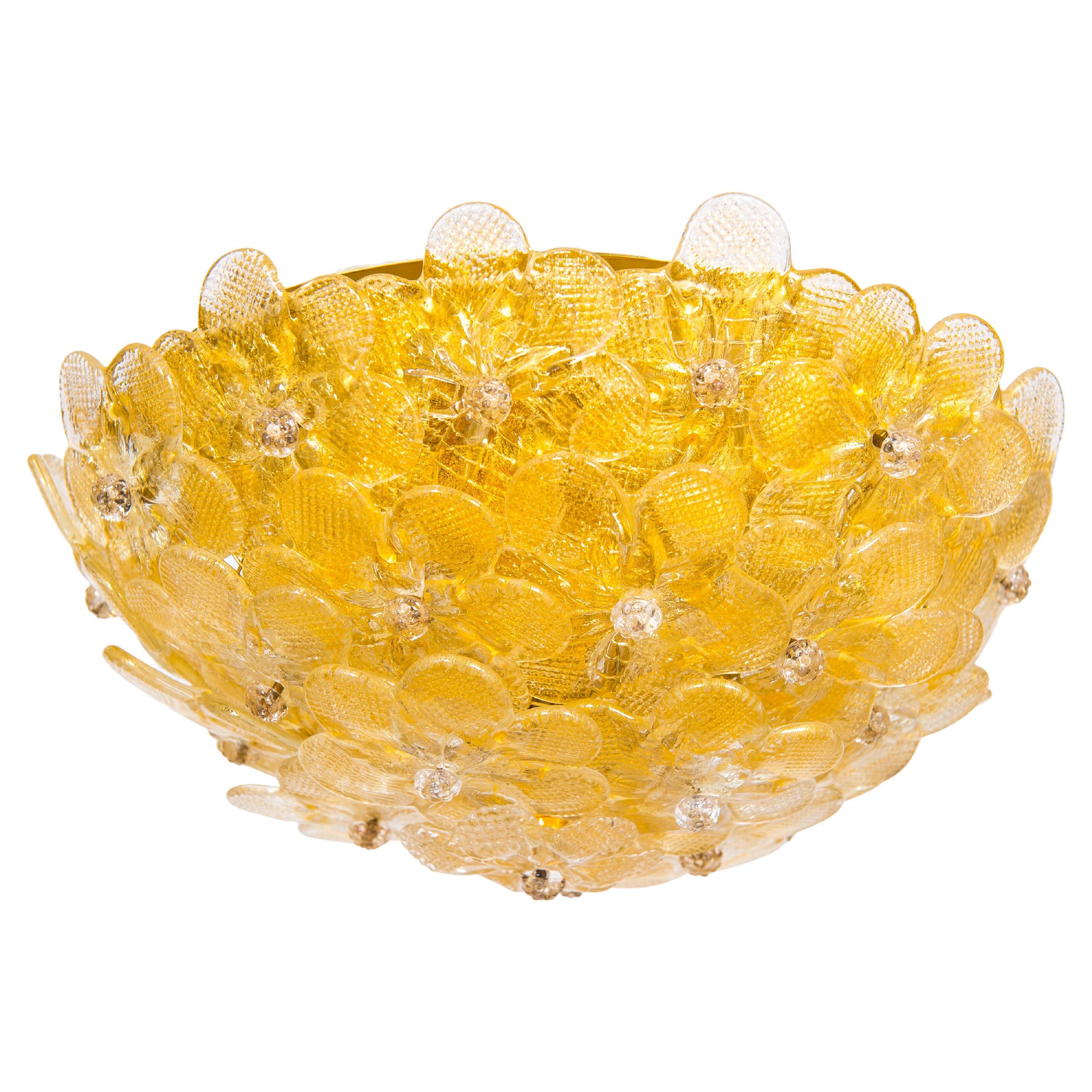 Contemporary Italian Venetian Murano Glass Flush Mount with Gold Finishes For Sale