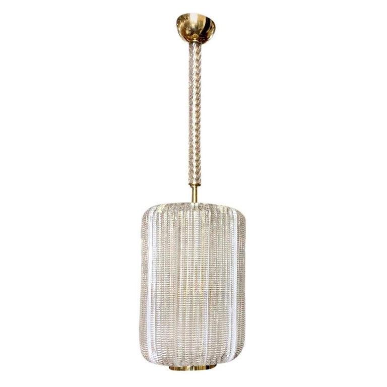Contemporary Italian Design Crystal Murano Glass Brass Cylinder Lantern For Sale 5
