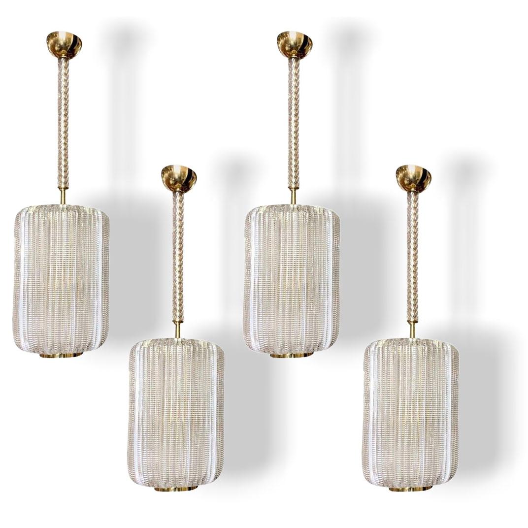Organic Modern Contemporary Italian Vintage Design Crystal Murano Glass Brass Cylinder Lantern For Sale