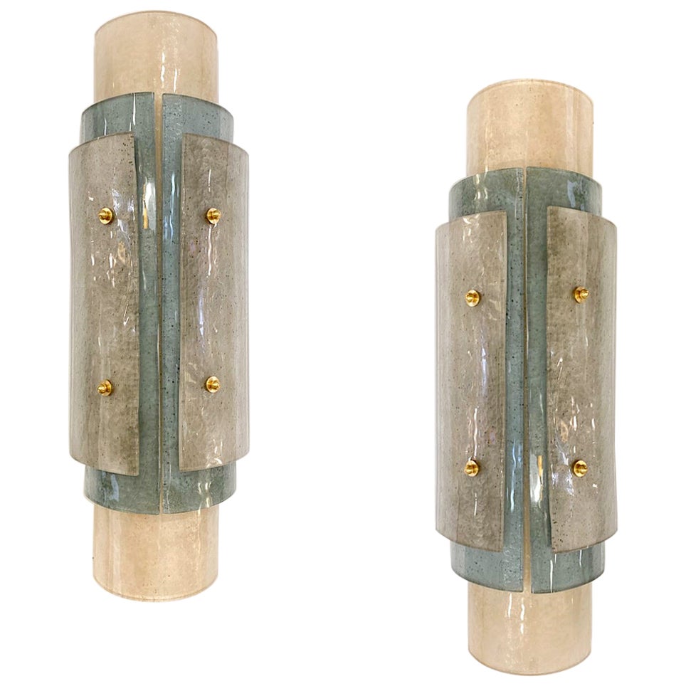 Contemporary Italian Wall Lights in Brass White Blue Gray Layered Murano Glass