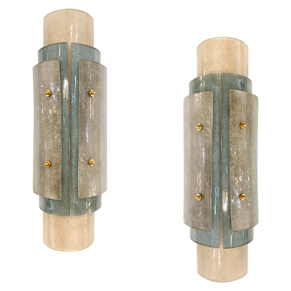 Contemporary Italian Wall Lights in Brass White Blue Gray Layered Murano Glass
