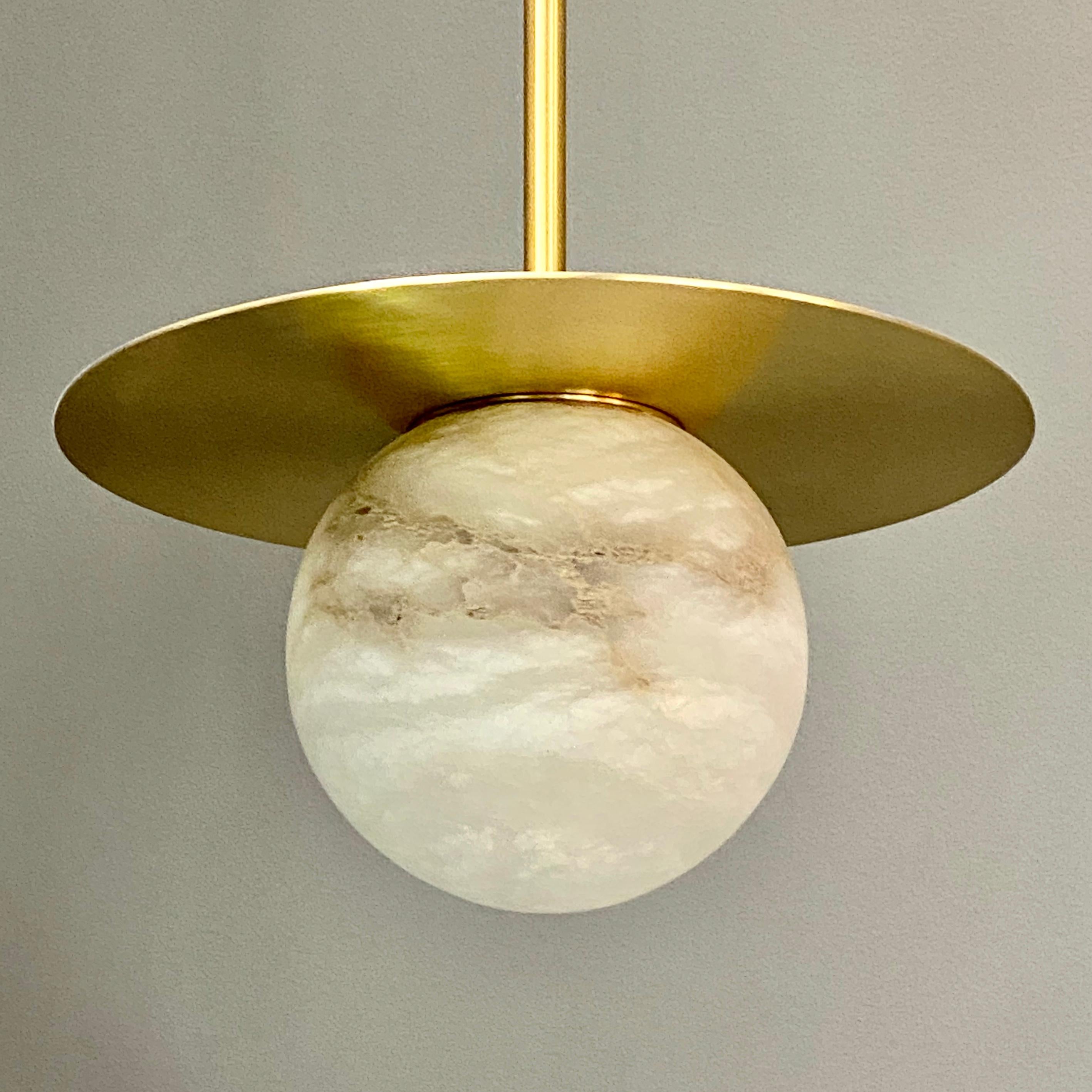 Organic Modern Contemporary Italian White Alabaster Moon Satin Brass Round Pendant by Matlight