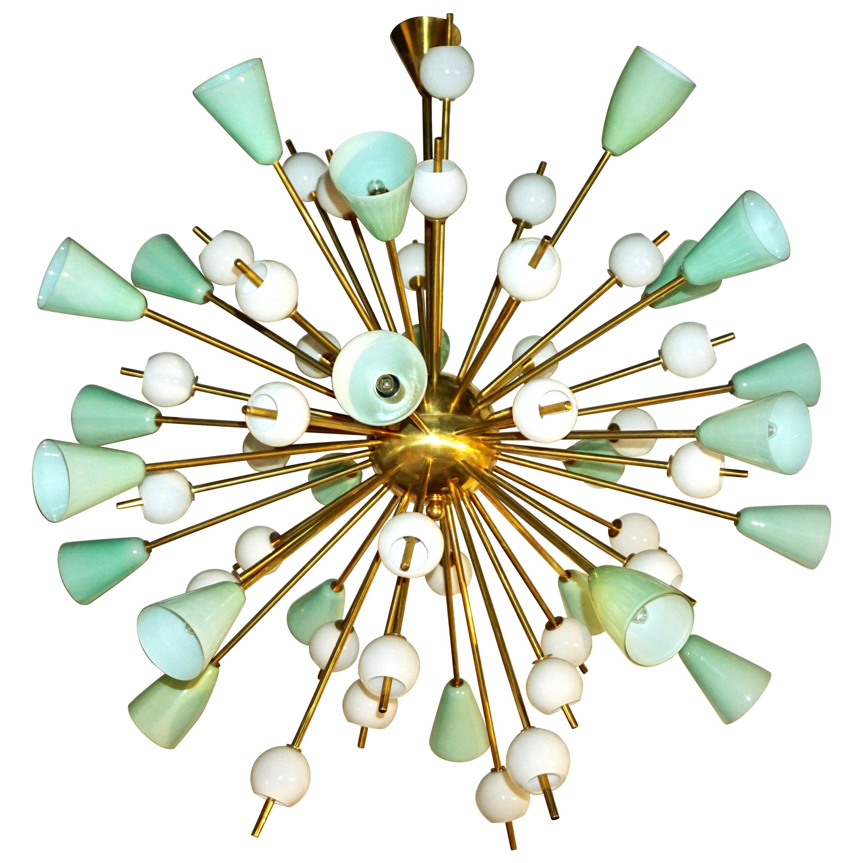 Contemporary Italian White and Mint Green Murano Glass Sputnik Brass Chandelier