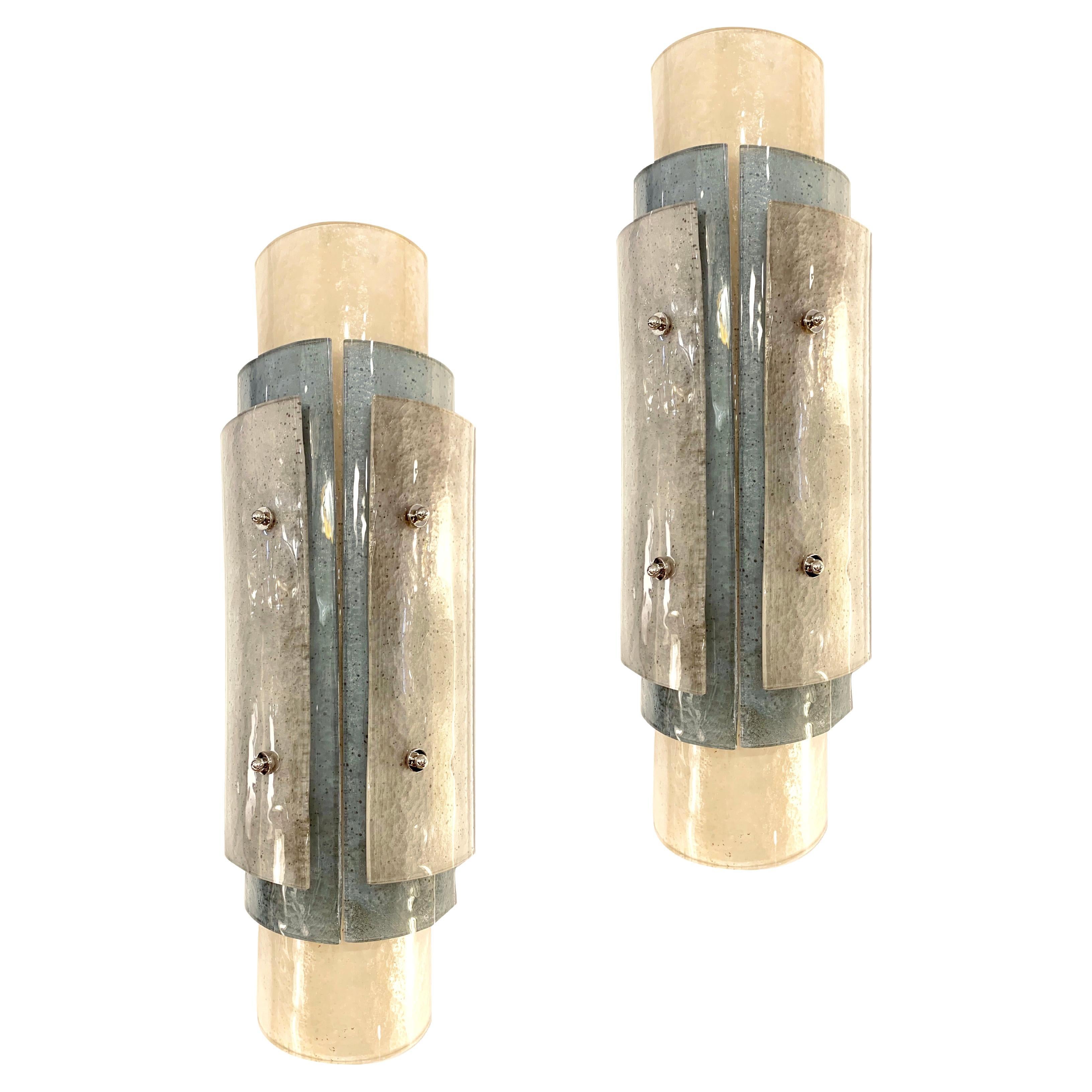 Appliques italiennes contemporaines en verre de Murano givré nickel blanc bleu gris en vente