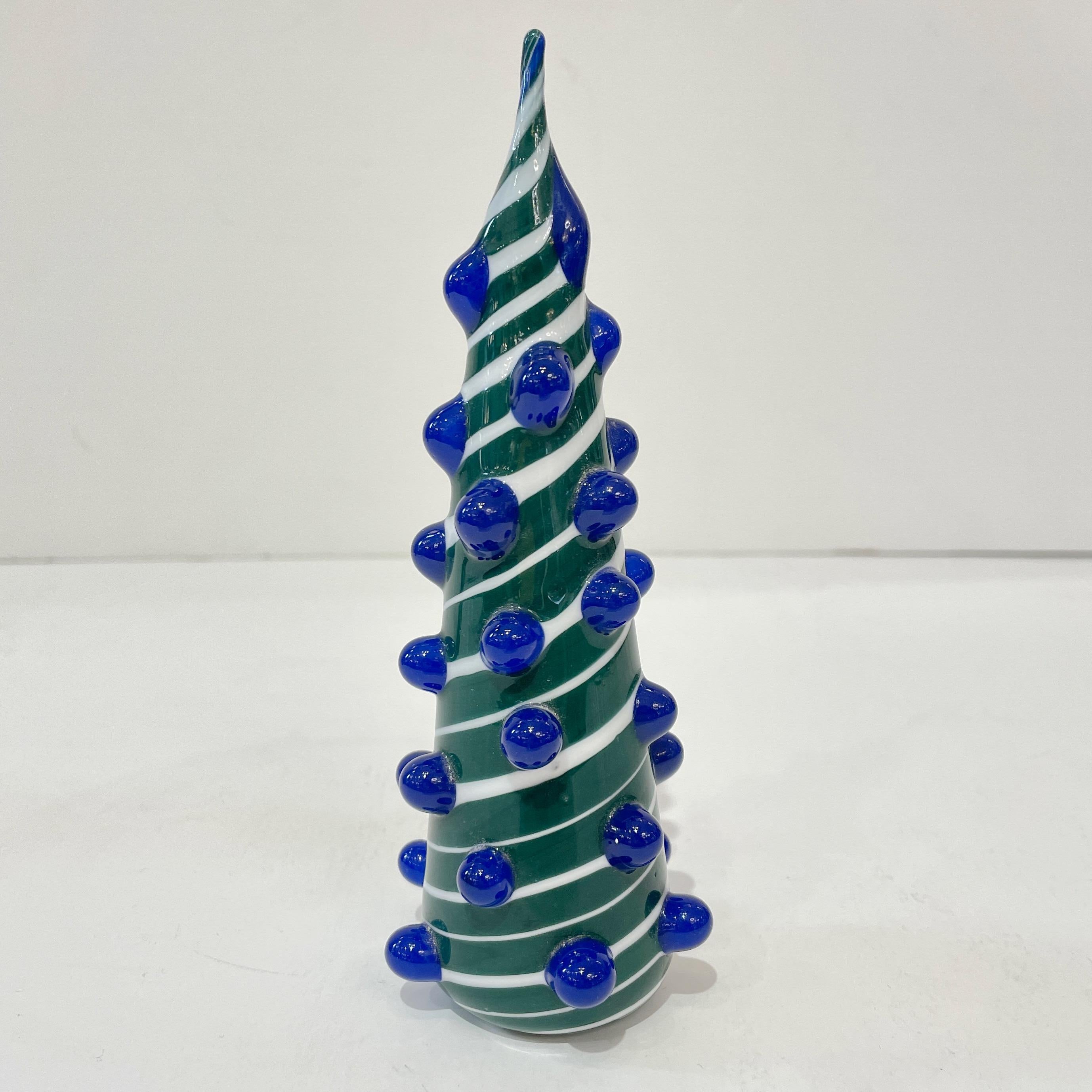 Contemporary Italian White Blue Green Murano Glass Christmas Tree Cone Sculpture 4