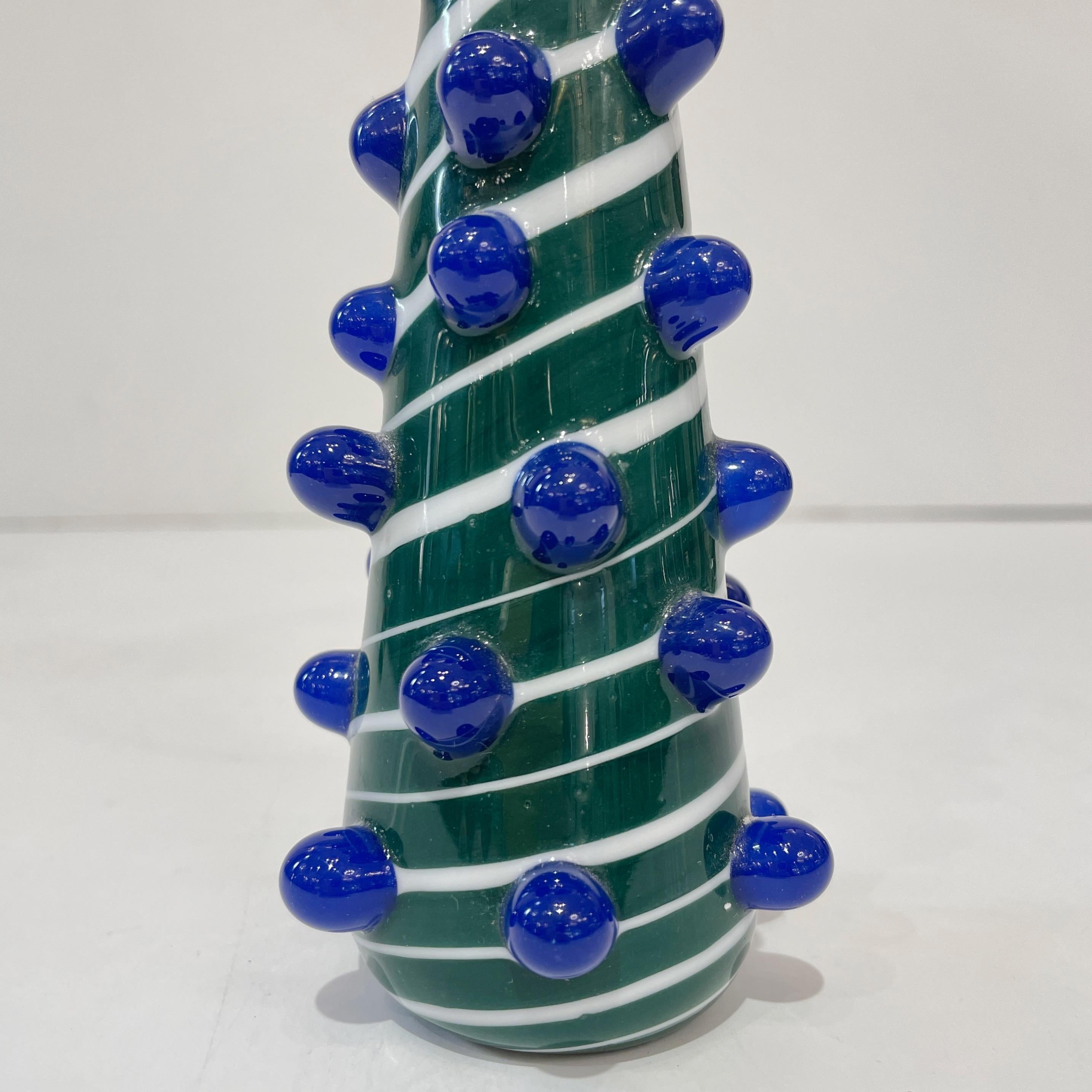 Hand-Crafted Contemporary Italian White Blue Green Murano Glass Christmas Tree Cone Sculpture