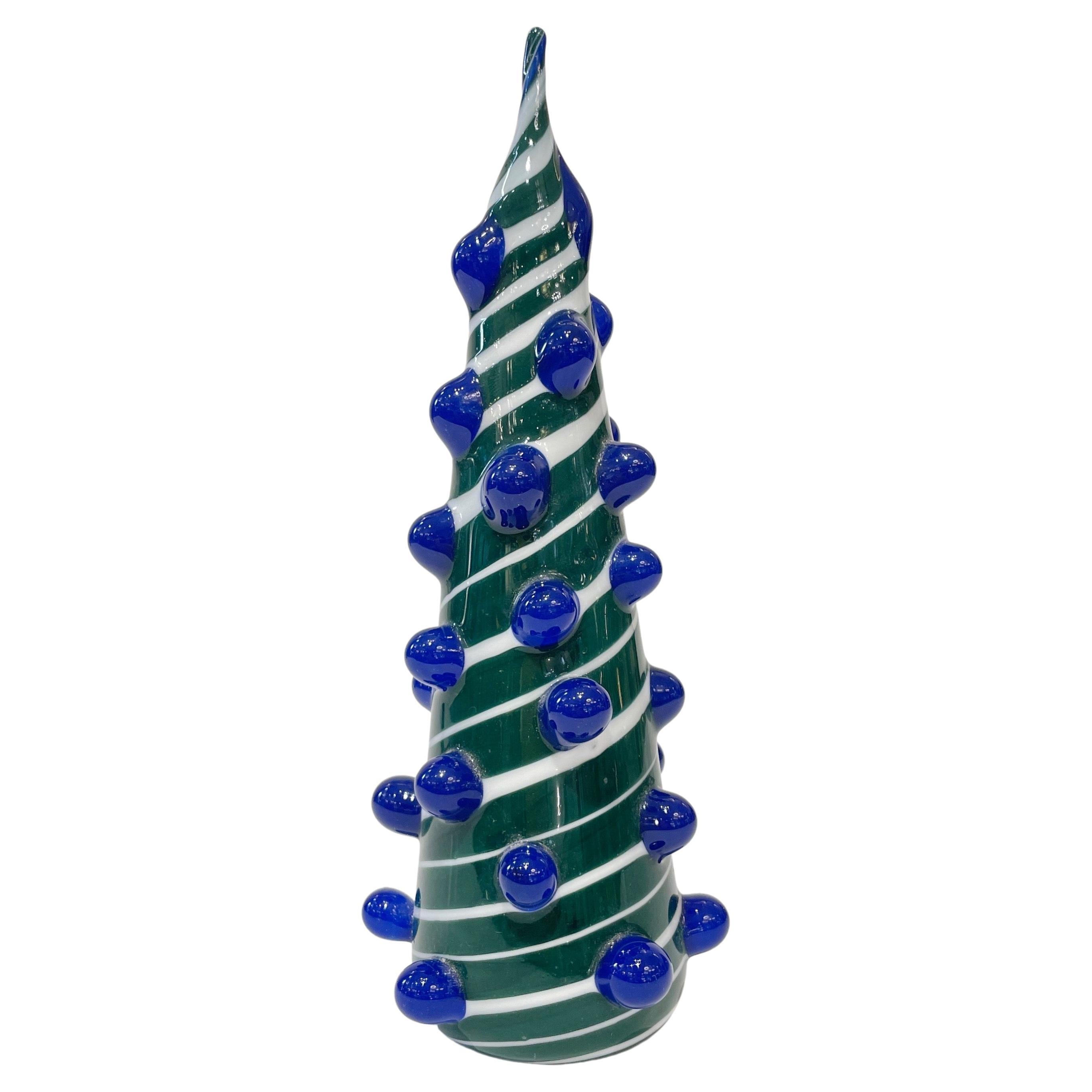 Contemporary Italian White Blue Green Murano Glass Christmas Tree Cone Sculpture