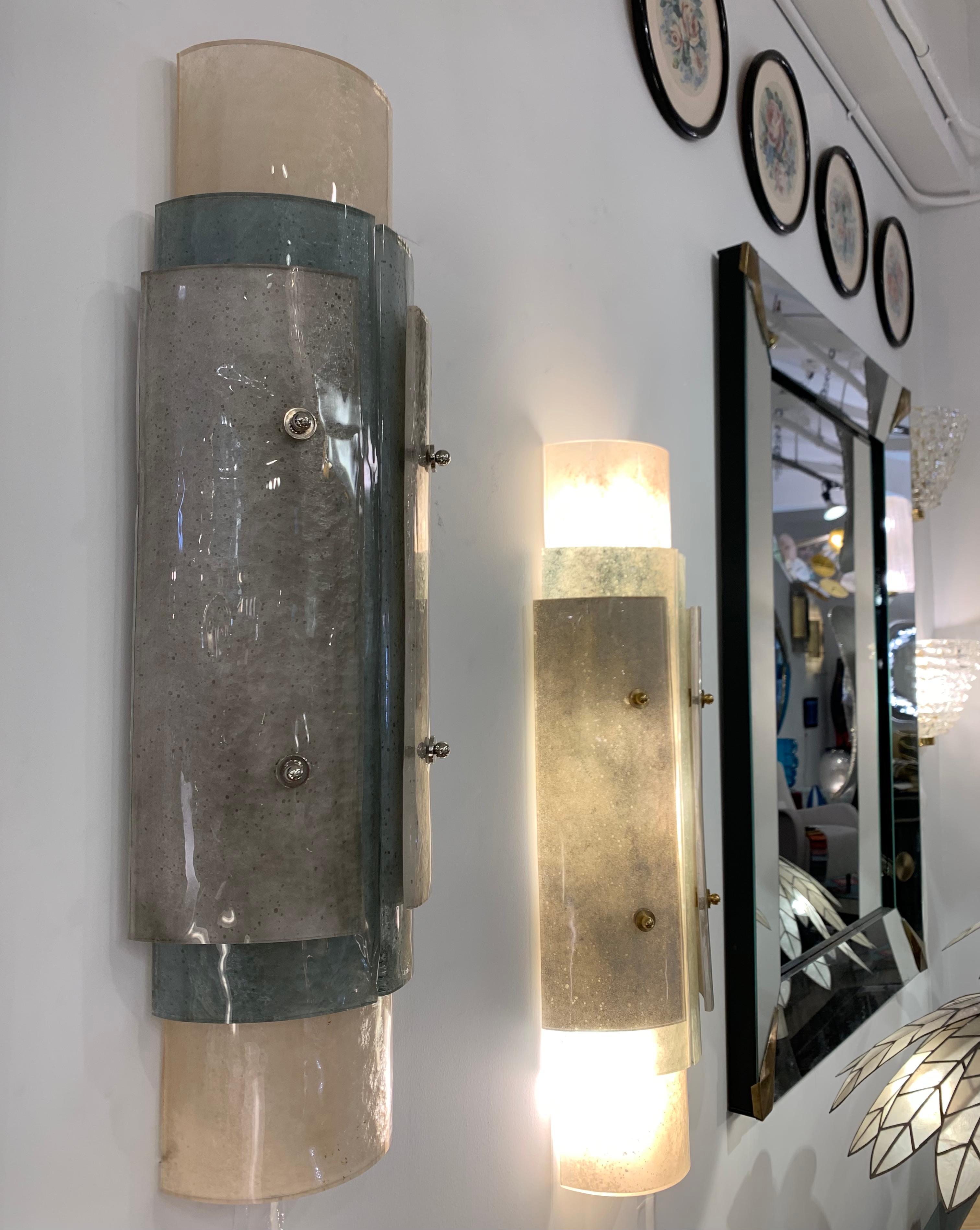 Contemporary Italian White Blue Grey Frosted Murano Glass Nickel Wall Lights In New Condition For Sale In New York, NY