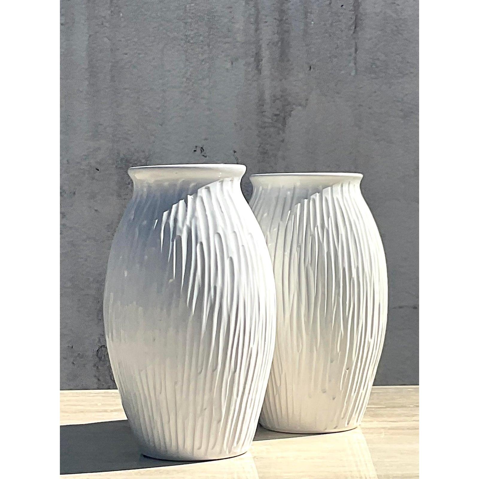 Contemporary Italian White Glazed Ceramic Vases, a Pair In Excellent Condition In west palm beach, FL
