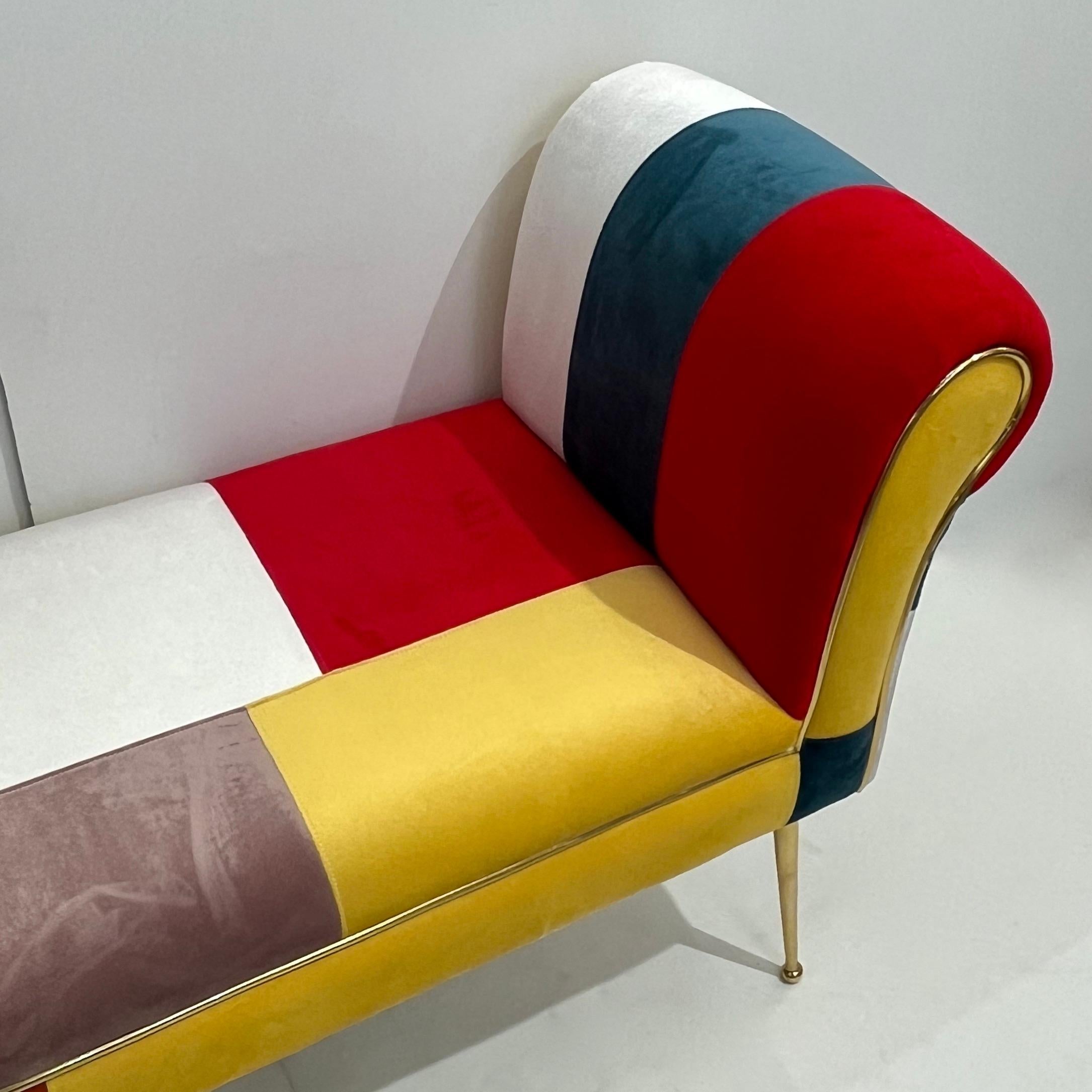 Hand-Crafted Contemporary Italian White Green Yellow Red Mondrian Upholstered Bench/Banquette For Sale