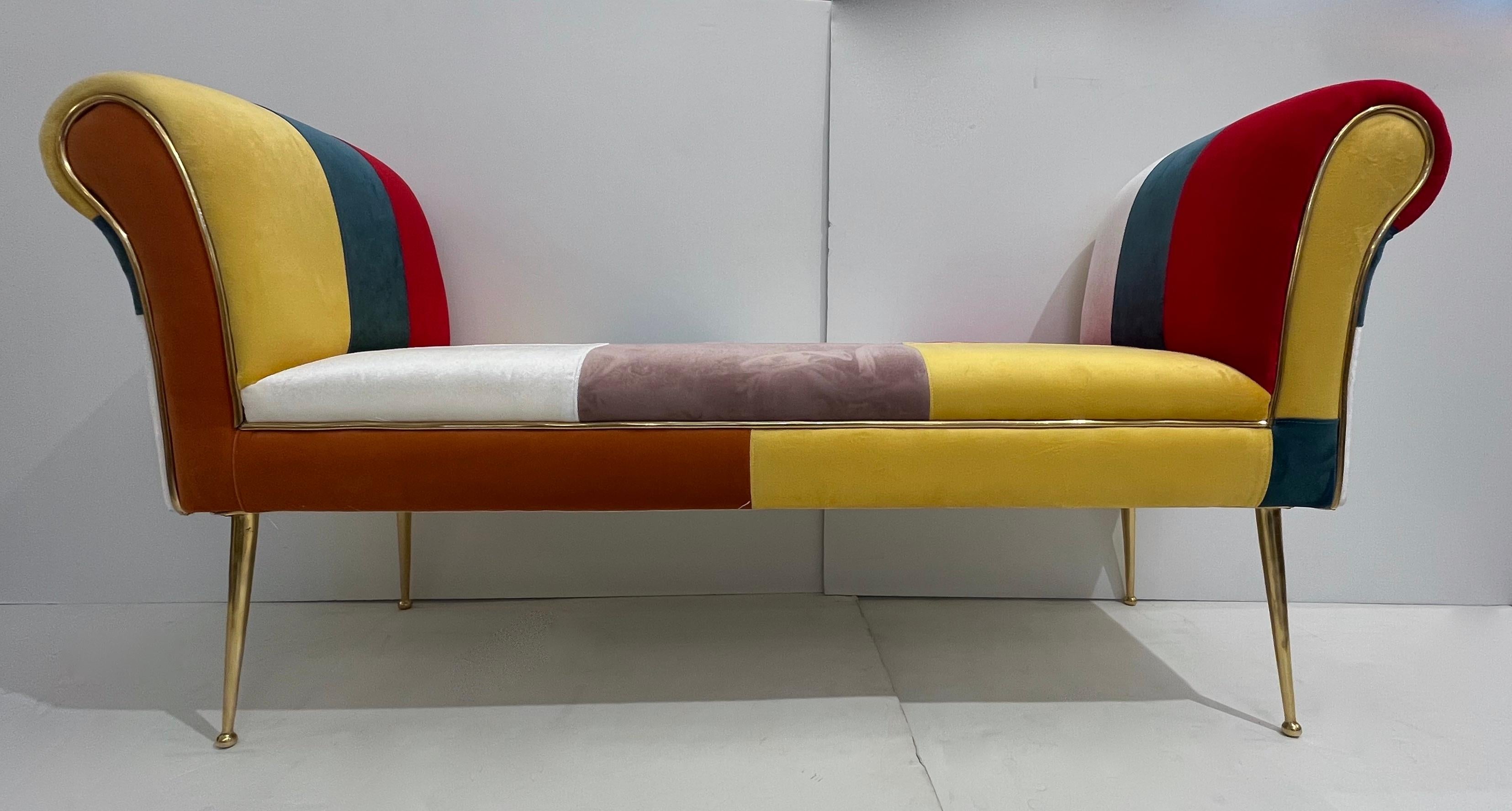 Laiton Banc/banquette italien contemporain tapissé Mondrian blanc, vert, jaune et rouge en vente