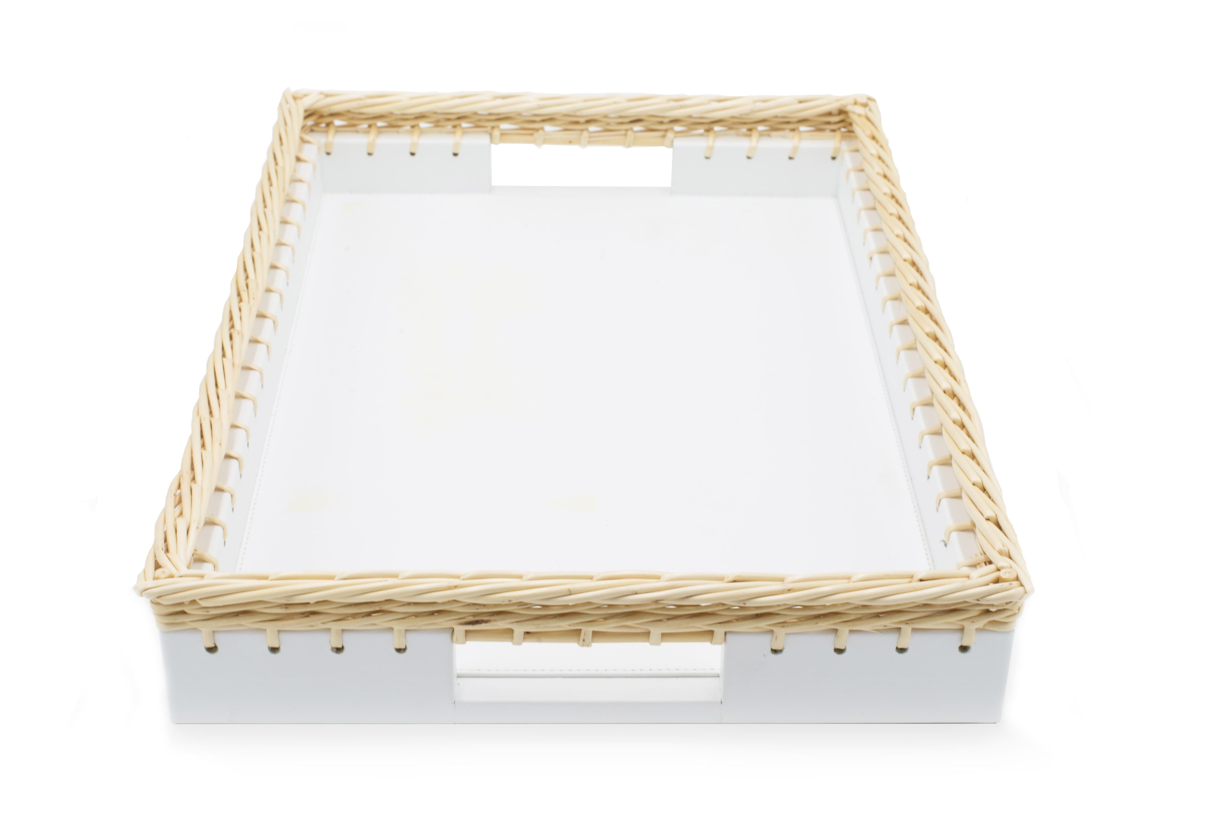 Contemporary Italian White Leather and Wicker Tray In Good Condition For Sale In New York, NY