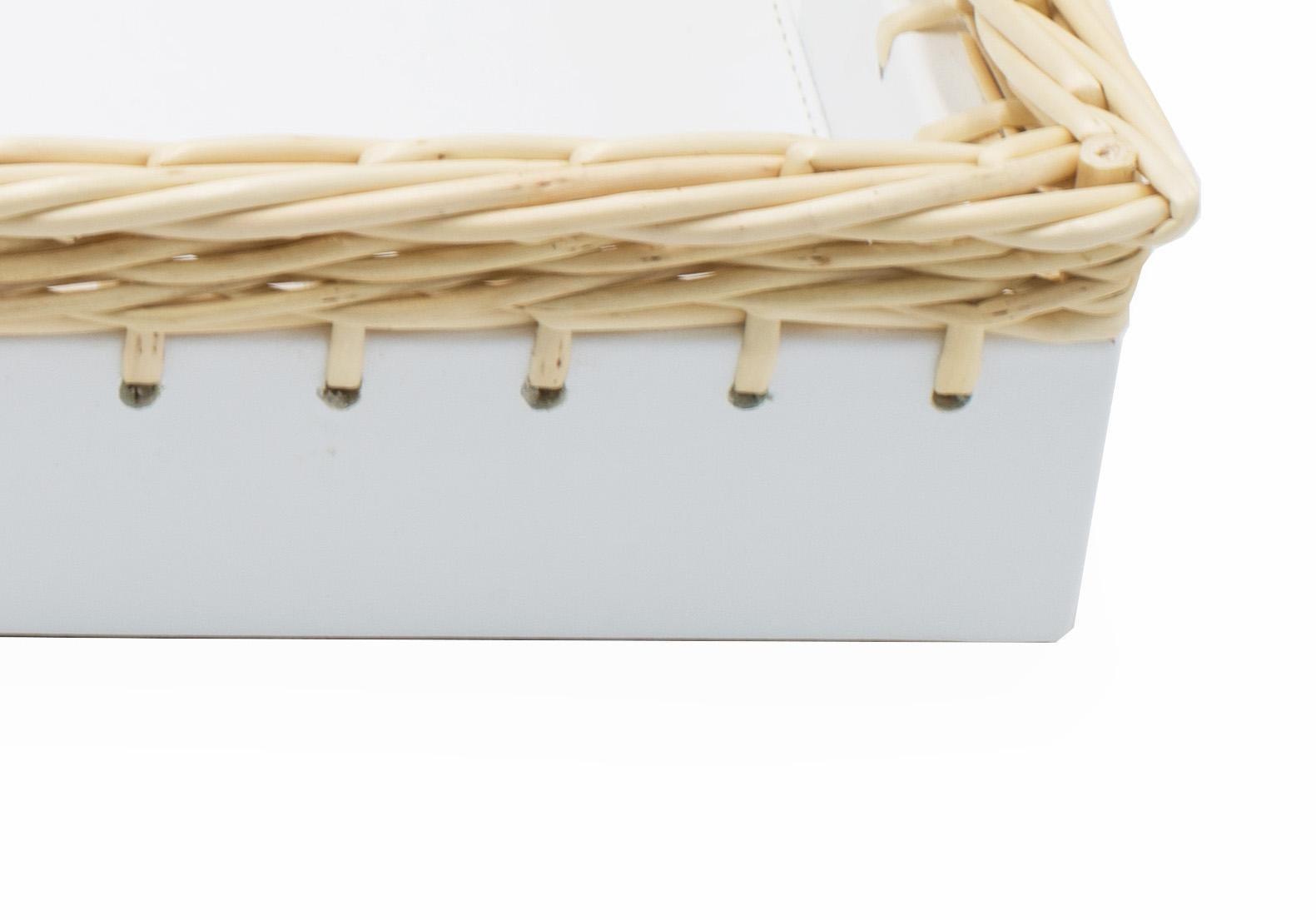 Contemporary Italian White Leather and Wicker Tray For Sale 2