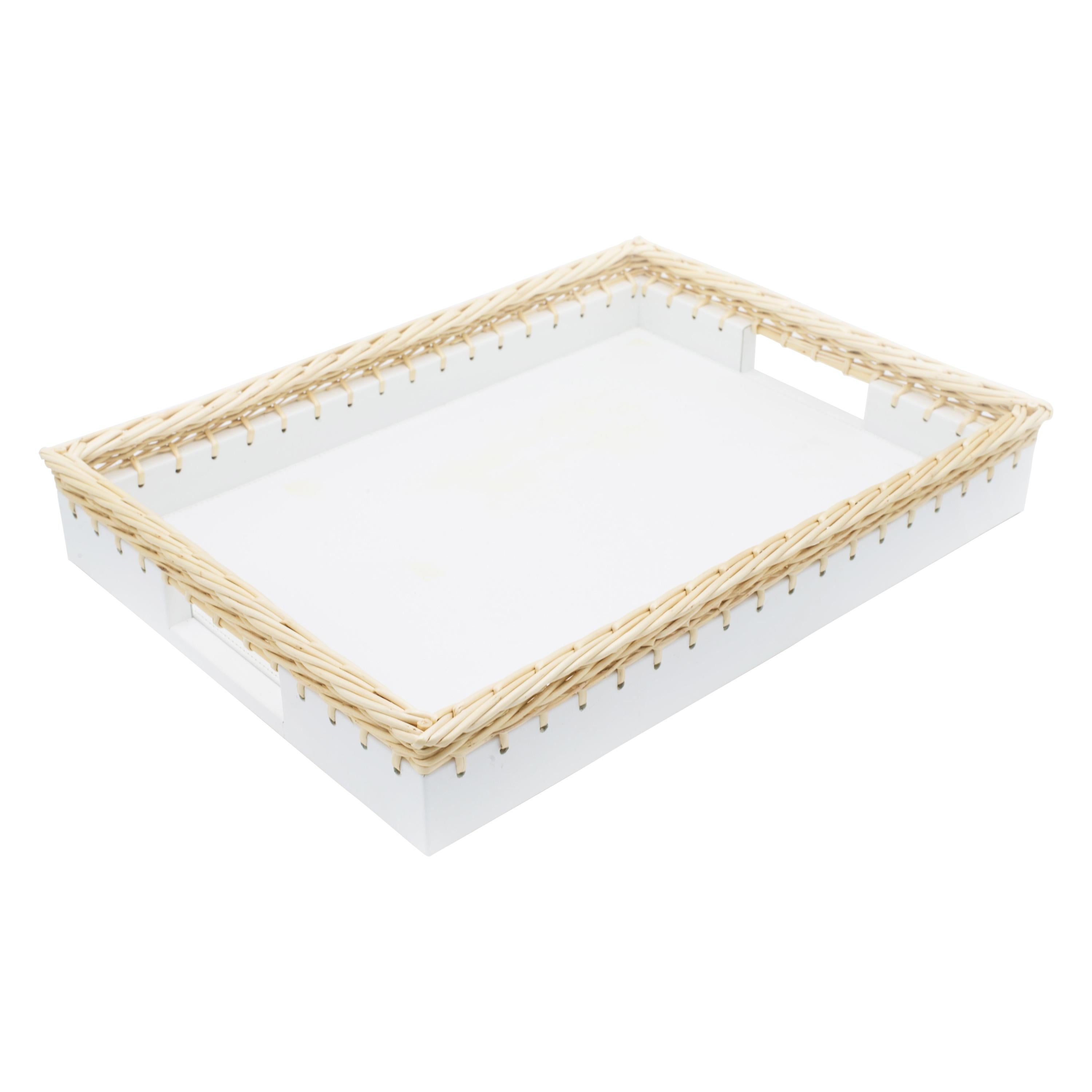 Contemporary Italian White Leather and Wicker Tray