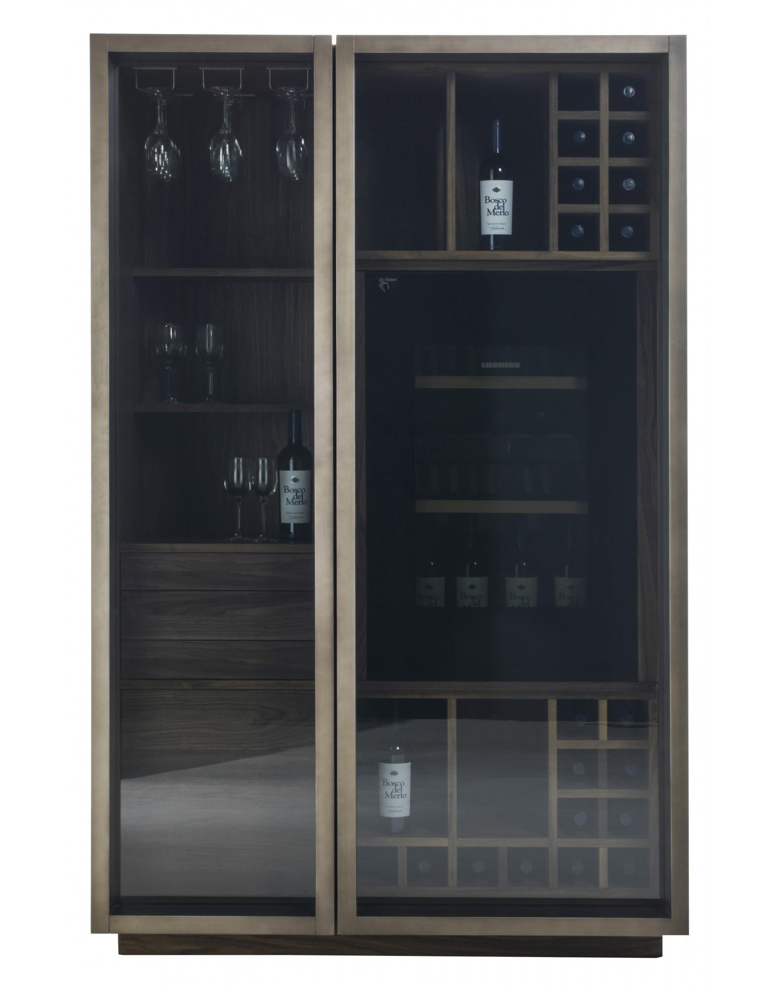 multifunctional storage unit with double glass doors, with plinth and solid wood drawers assembled with dovetails joints and solid wood push-pull opening system. 

Unit and inner structure fittings are designed to meet container and functional