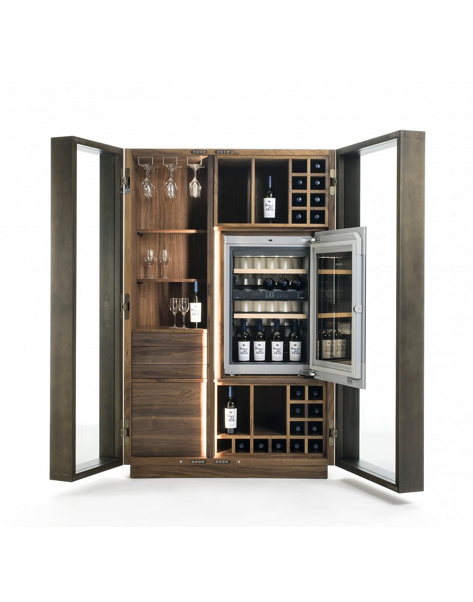 Contemporary Italian Wine Storage Cabinet In Solid Walnut For Sale