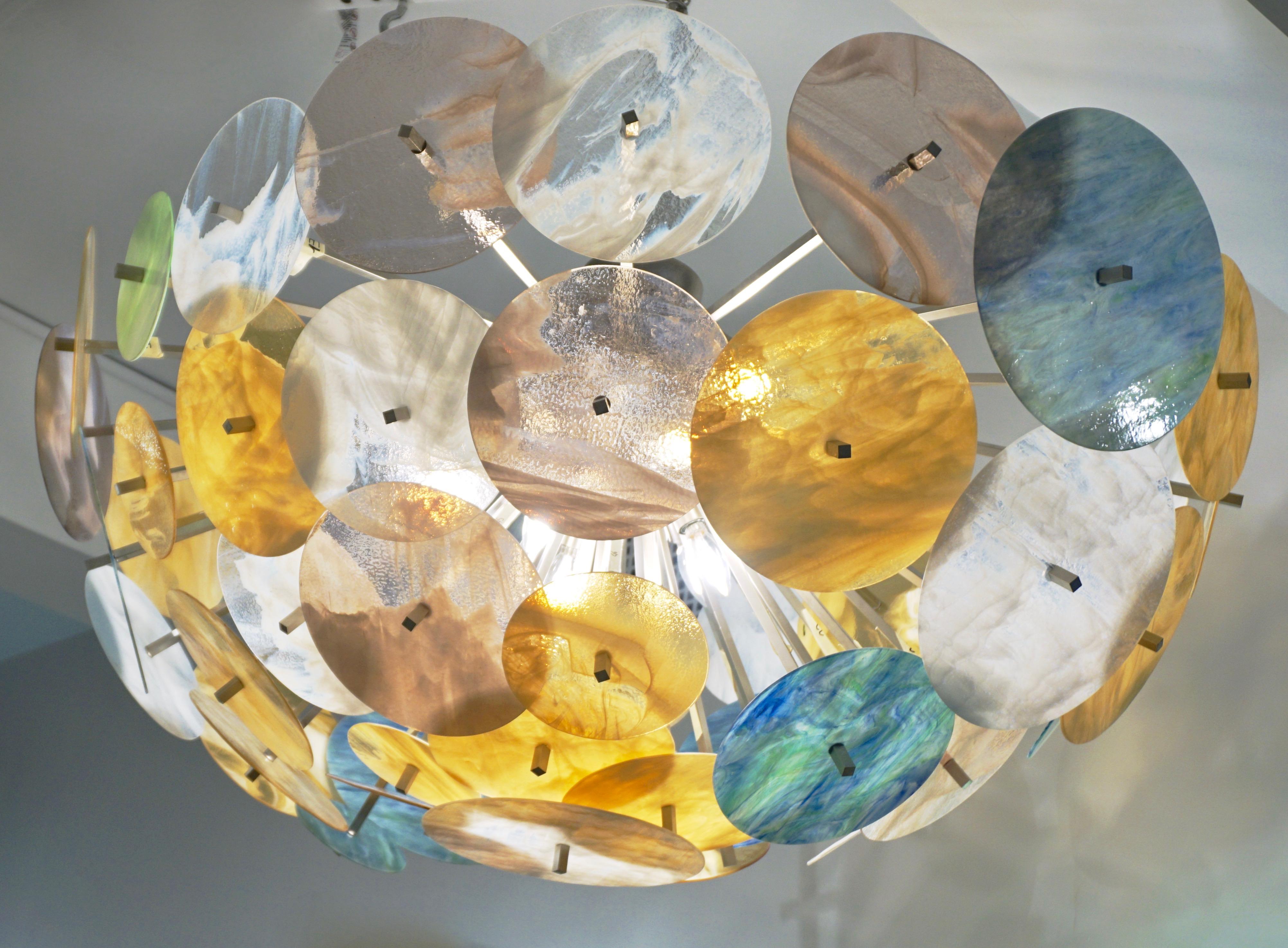Contemporary Italian Yellow White Aqua Blue Murano Glass Oval Sputnik Flushmount For Sale 4