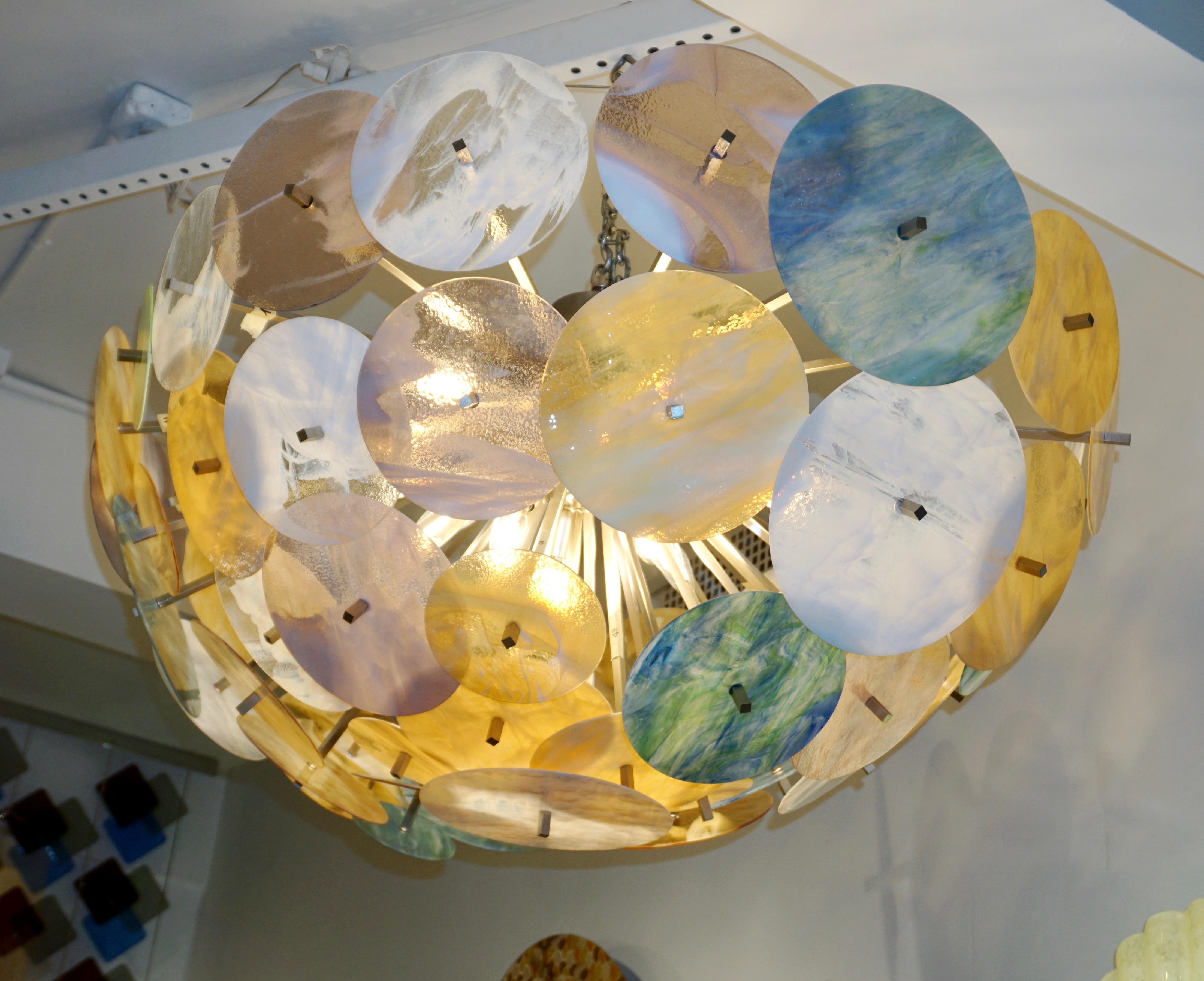 Contemporary Italian Yellow White Aqua Blue Murano Glass Oval Sputnik Flushmount For Sale 6